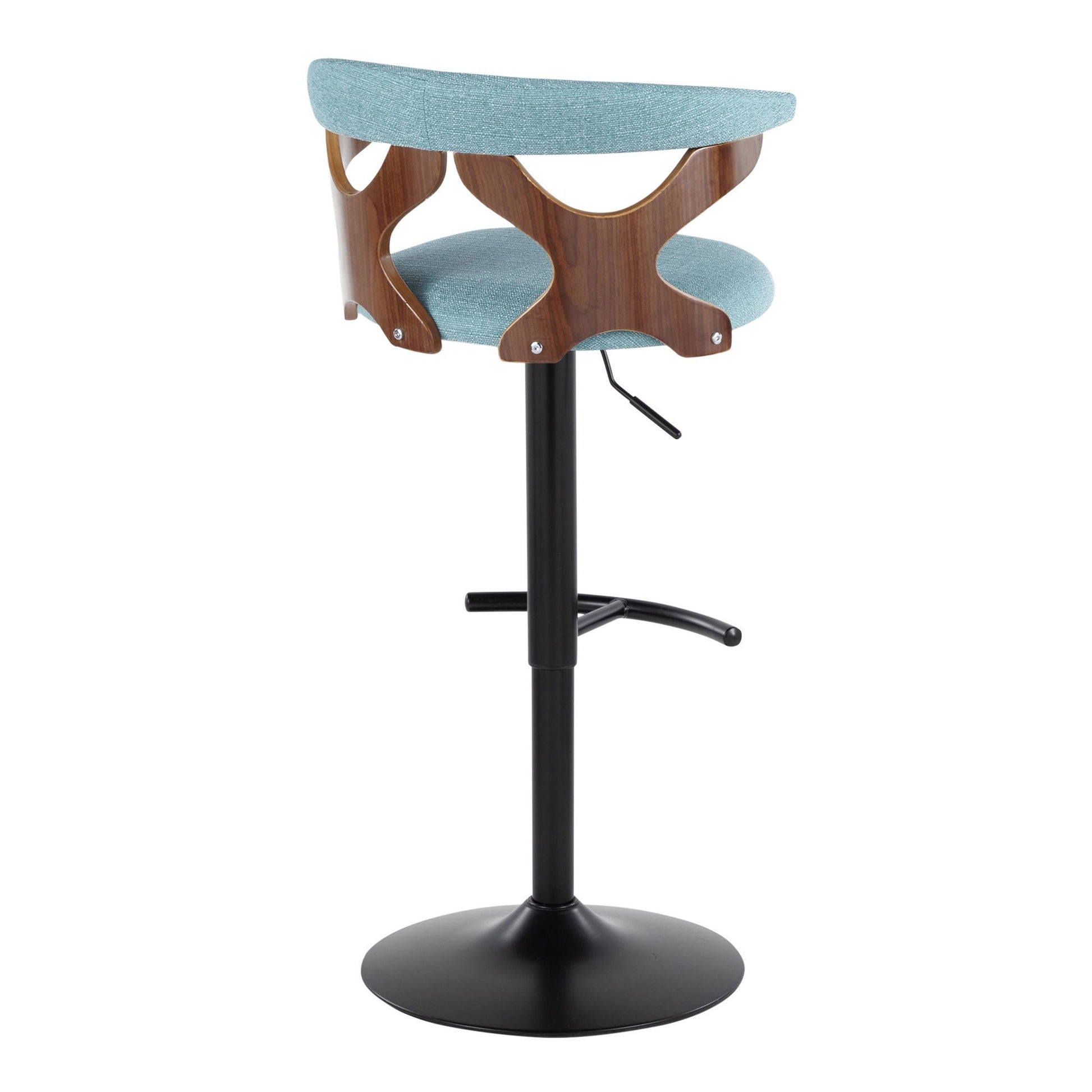 The Gardenia Contemporary Adjustable Barstool (Set of 2) features a light blue upholstered seat and back, curved wood accents, a black metal pedestal base, swivel functionality, and a rounded T footrest for a sleek modern look.