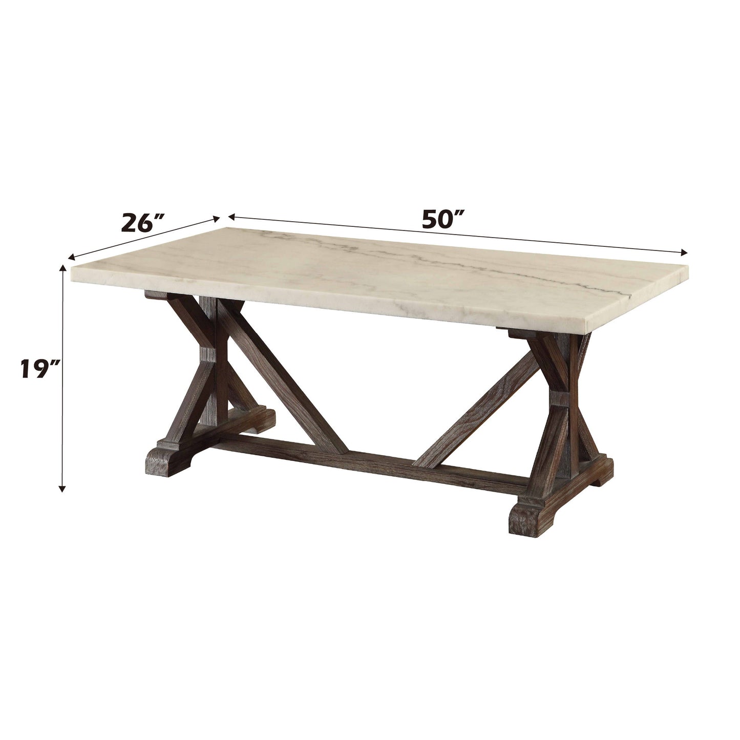 The Romina Marble Top Weathered Coffee Table features a white marble top and dark wooden X-shaped legs, measuring 50"L x 26"W x 19"H.