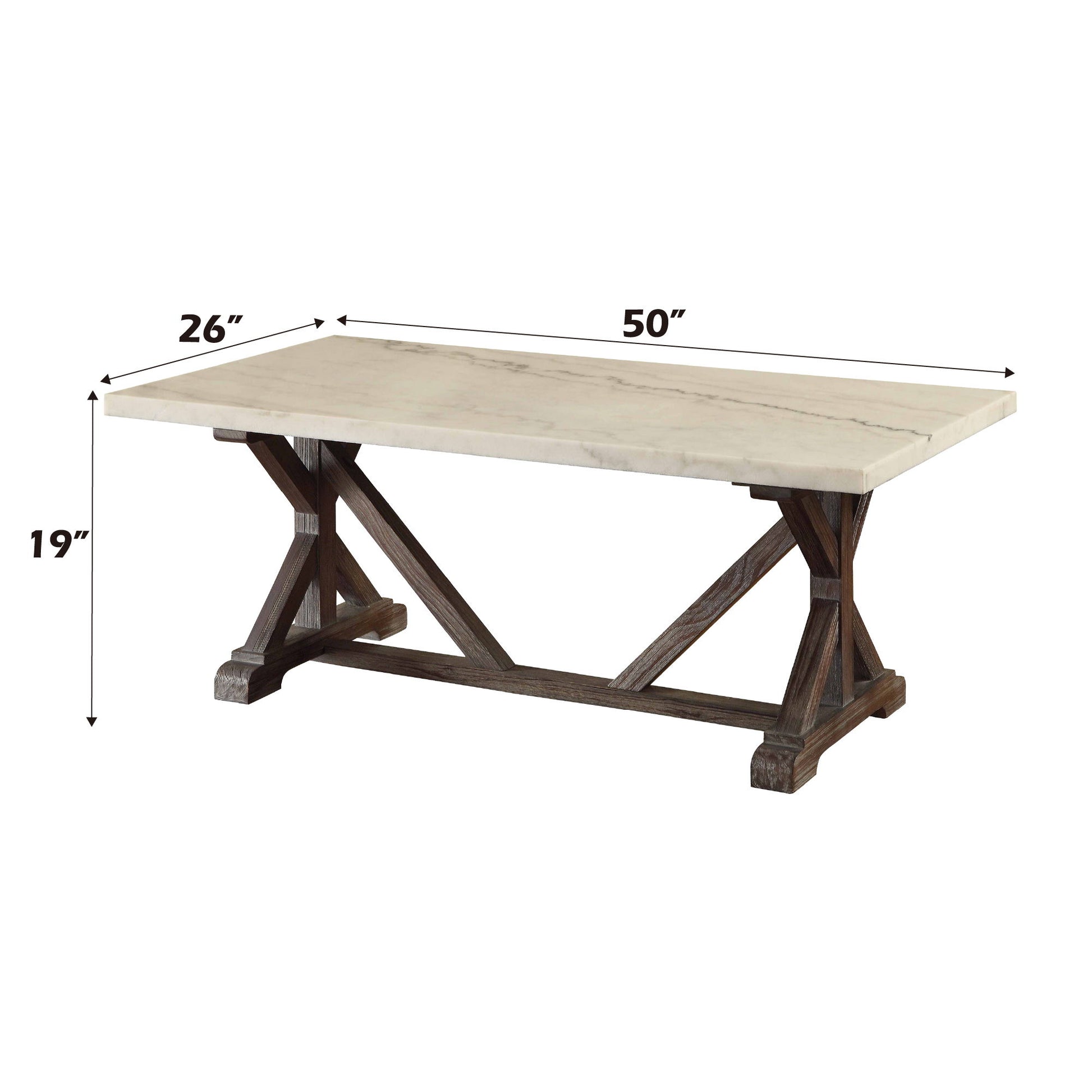The Romina Marble Top Weathered Coffee Table features a white marble top and dark wooden X-shaped legs, measuring 50"L x 26"W x 19"H.