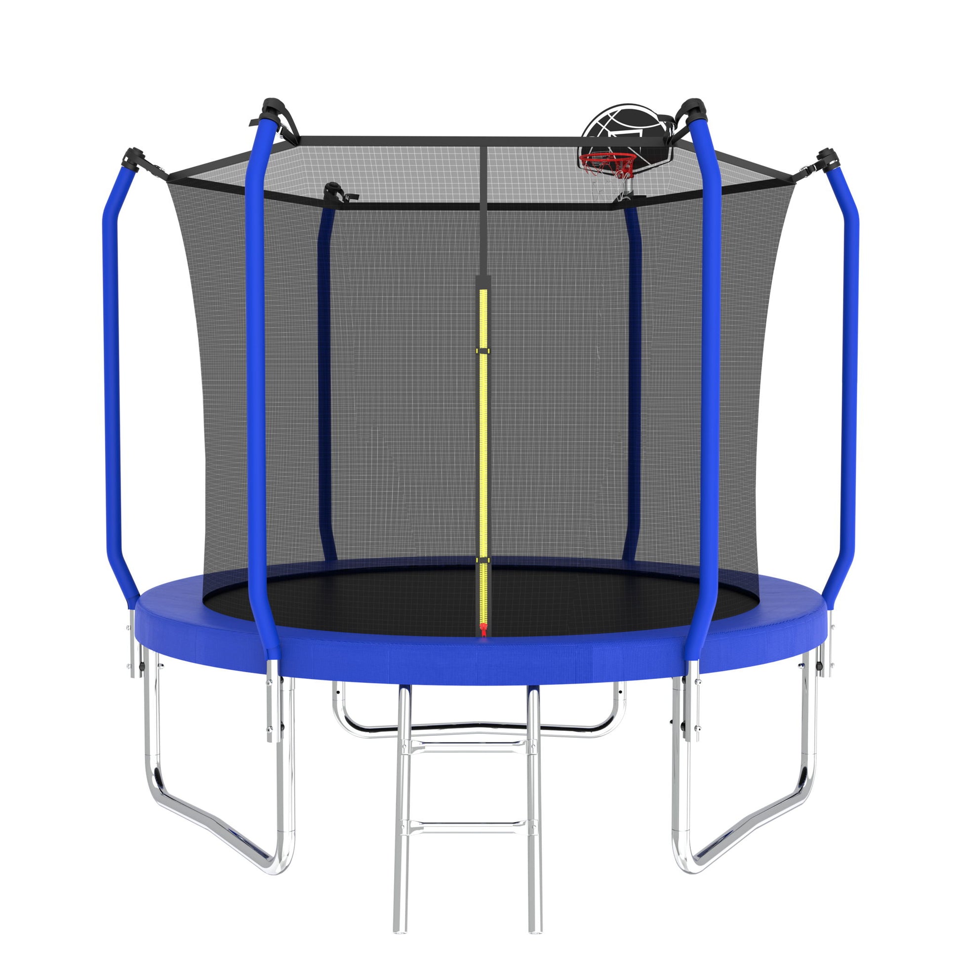 The Trampoline With Basketball Hoop is an ASTM-approved outdoor trampoline featuring a safety net enclosure, small basketball hoop, metal ladder, and padded poles for support.