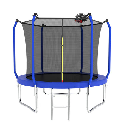 The Trampoline With Basketball Hoop is an ASTM-approved outdoor trampoline featuring a safety net enclosure, small basketball hoop, metal ladder, and padded poles for support.