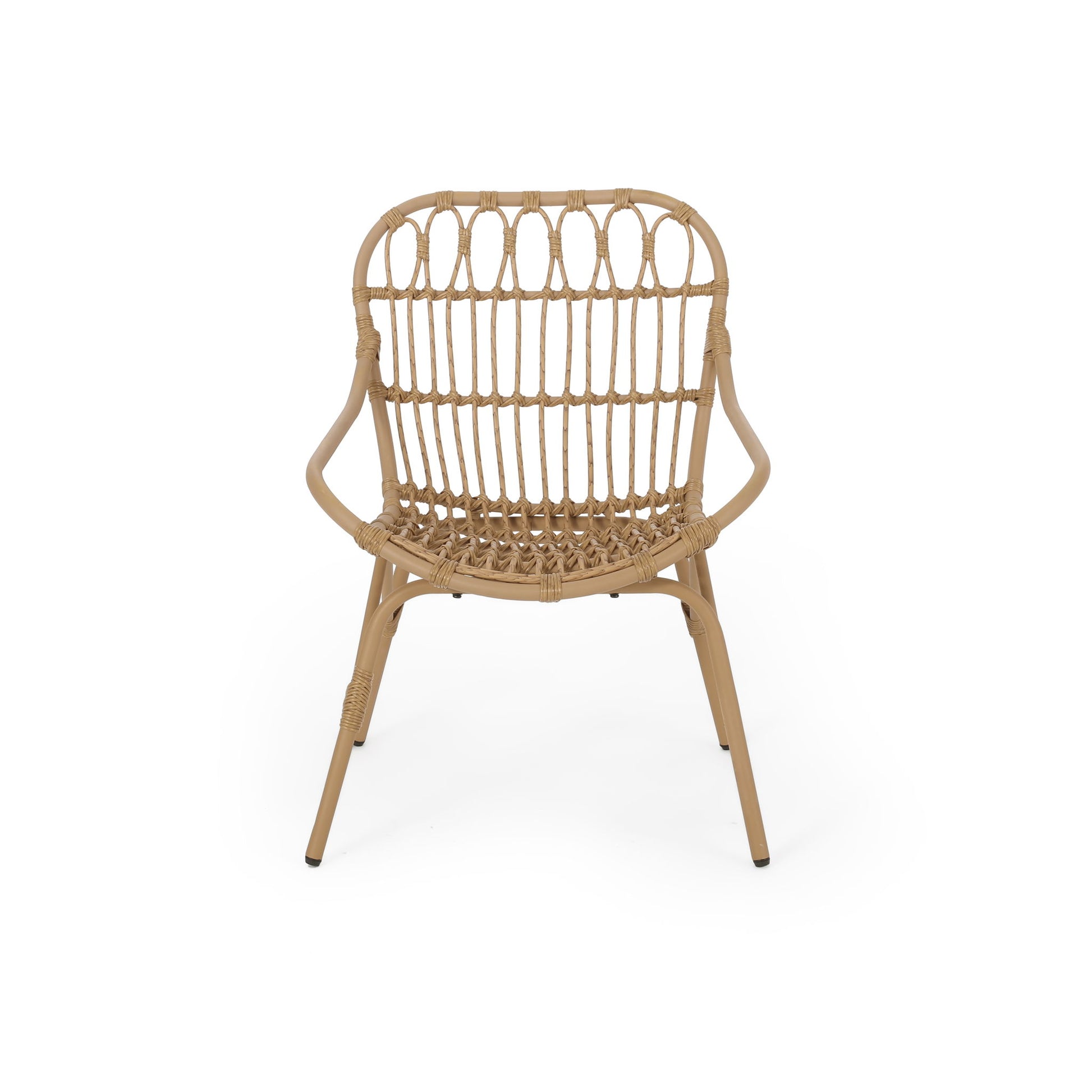 The Monsoon Outdoor Accent Chair features a natural light brown rattan frame, woven seat and backrest, curved armrests, open weave design, and four slightly angled legs for an airy, stylish look.