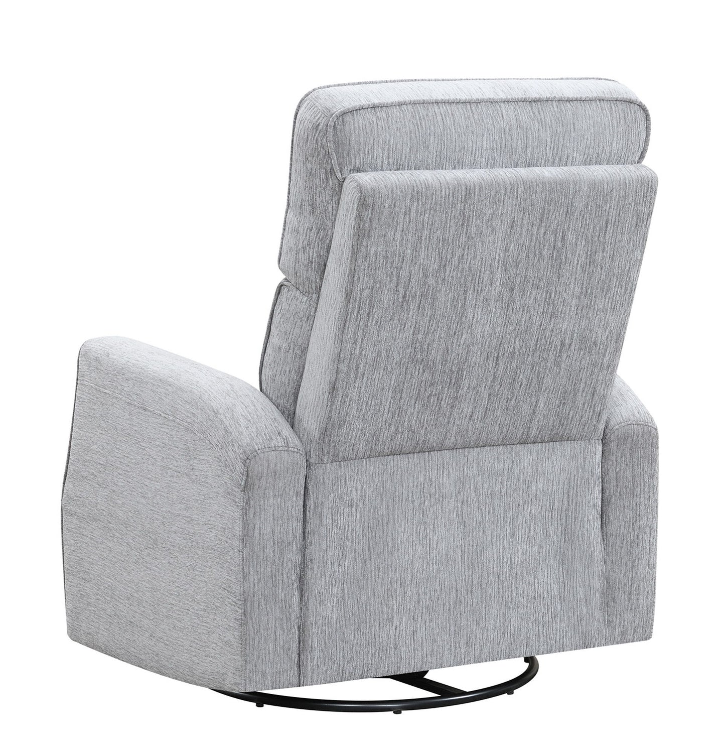 Rear view of the Tavor - Swivel Gliding Recliner in grey upholstery on a black metal base, angled to display its cushioned back and armrests. The textured fabric adds a modern touch.