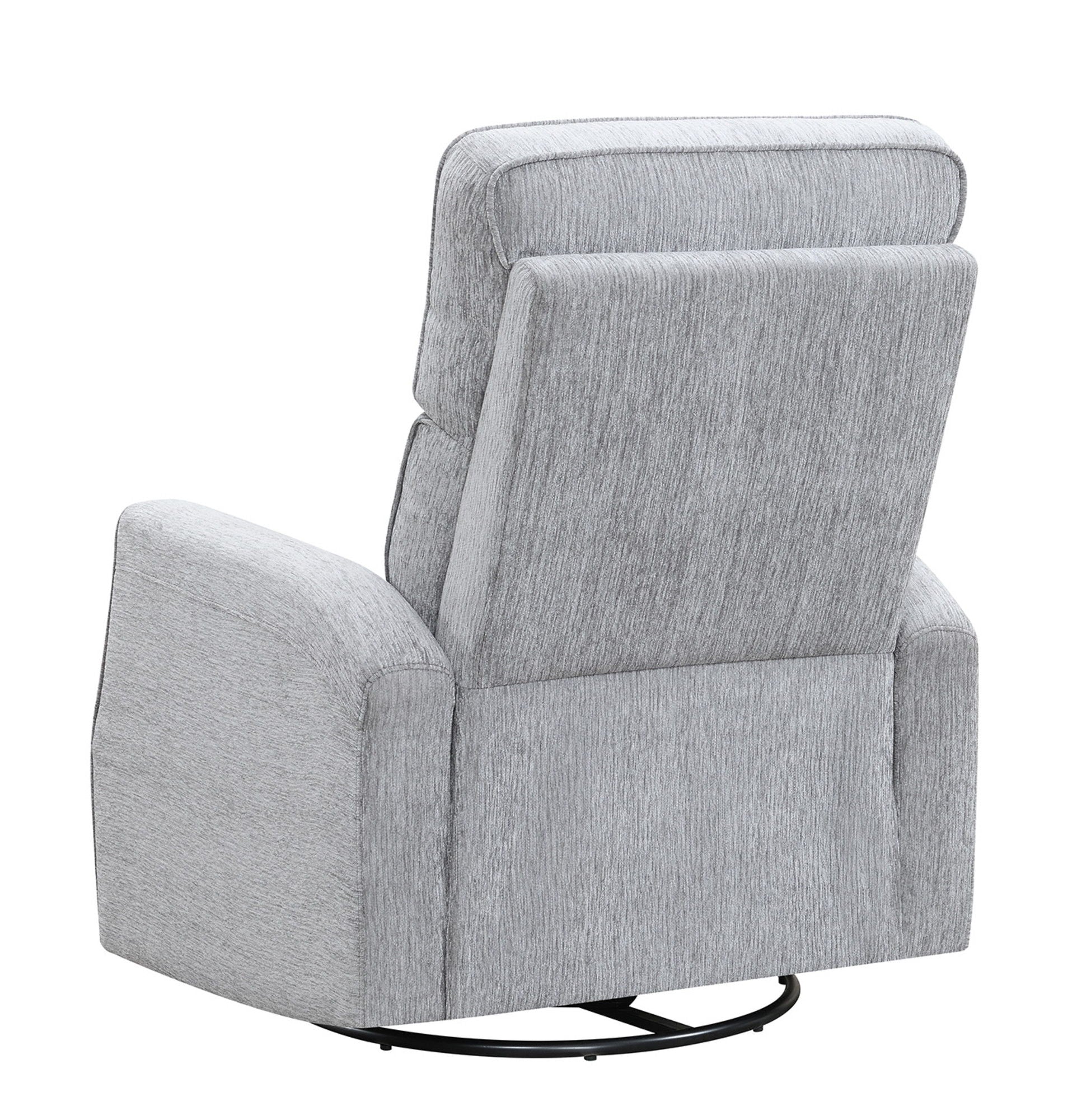 Rear view of the Tavor - Swivel Gliding Recliner in grey upholstery on a black metal base, angled to display its cushioned back and armrests. The textured fabric adds a modern touch.