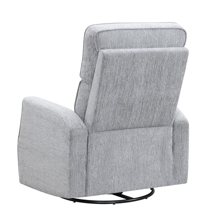 Rear view of the Tavor - Swivel Gliding Recliner in grey upholstery on a black metal base, angled to display its cushioned back and armrests. The textured fabric adds a modern touch.