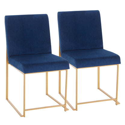 A pair of Fuji high back dining chairs with contemporary gold frames and deep blue upholstered seats and backs, shown side by side on a white background.