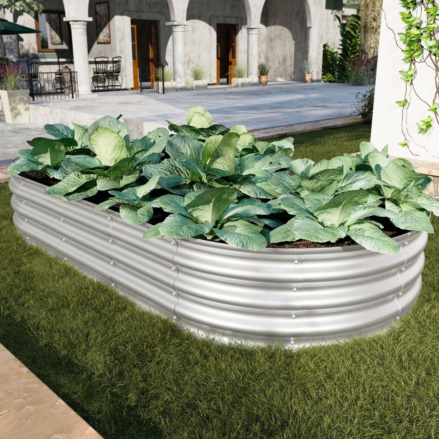 The Heavy Duty Galvanized Raised Garden Bed Kit for Vegetables, Flowers & Herbs is placed on a lawn near an arched building, showcasing large, healthy cabbage plants.