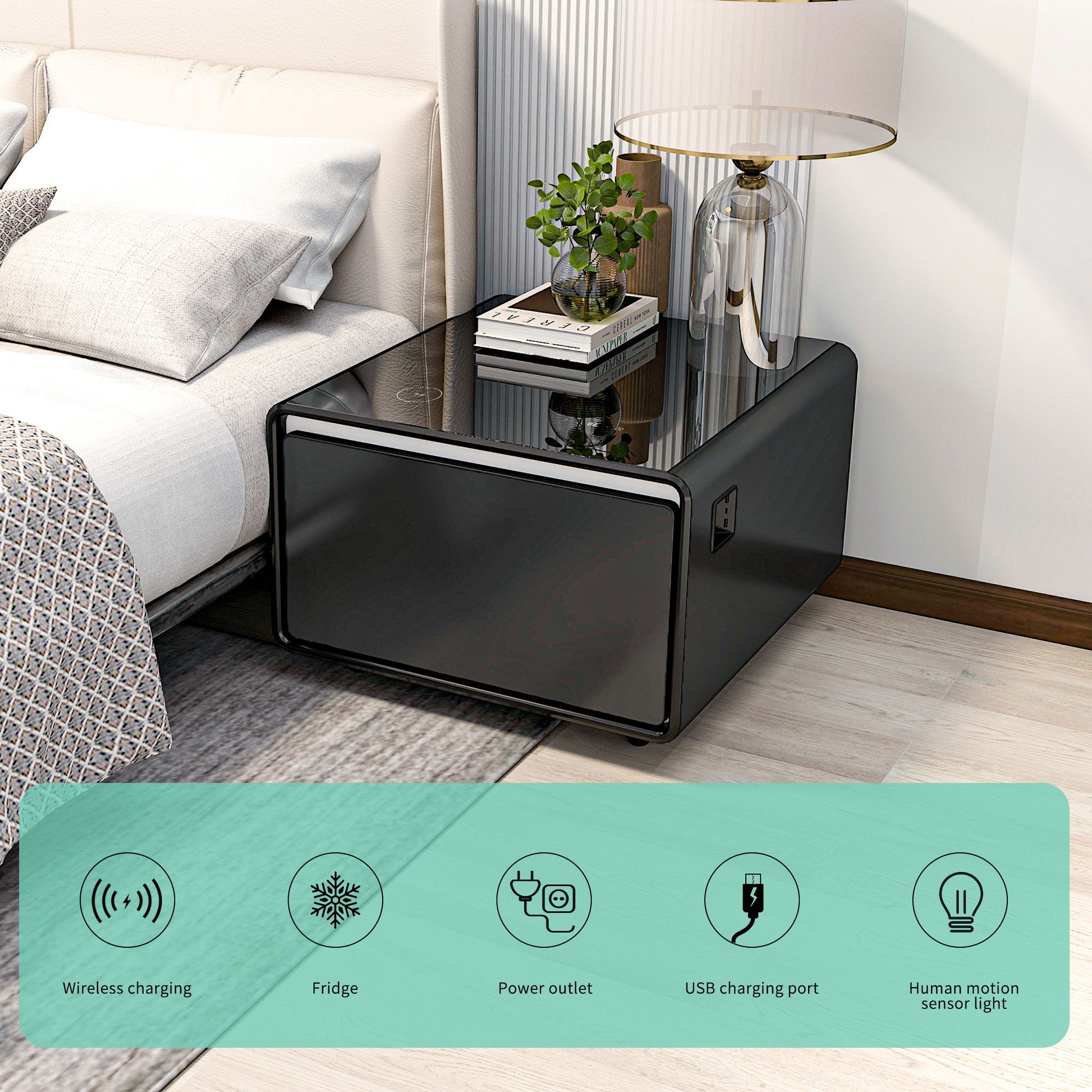 A Modern Smart Side Table with wireless charging, built-in fridge, temperature control, power socket, USB ports, outlet protection, and induction light sits by the bed with a lamp, plant, and book on top.
