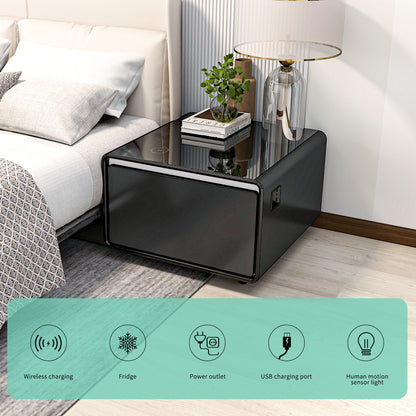 A Modern Smart Side Table with wireless charging, built-in fridge, temperature control, power socket, USB ports, outlet protection, and induction light sits by the bed with a lamp, plant, and book on top.