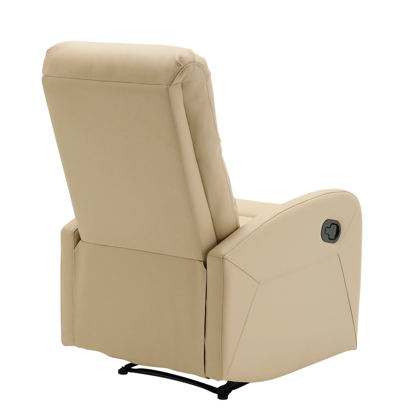 The Dormi - Contemporary Recliner Chair in beige is shown from the back and side, featuring a lever on the right armrest and black metal legs at the base.