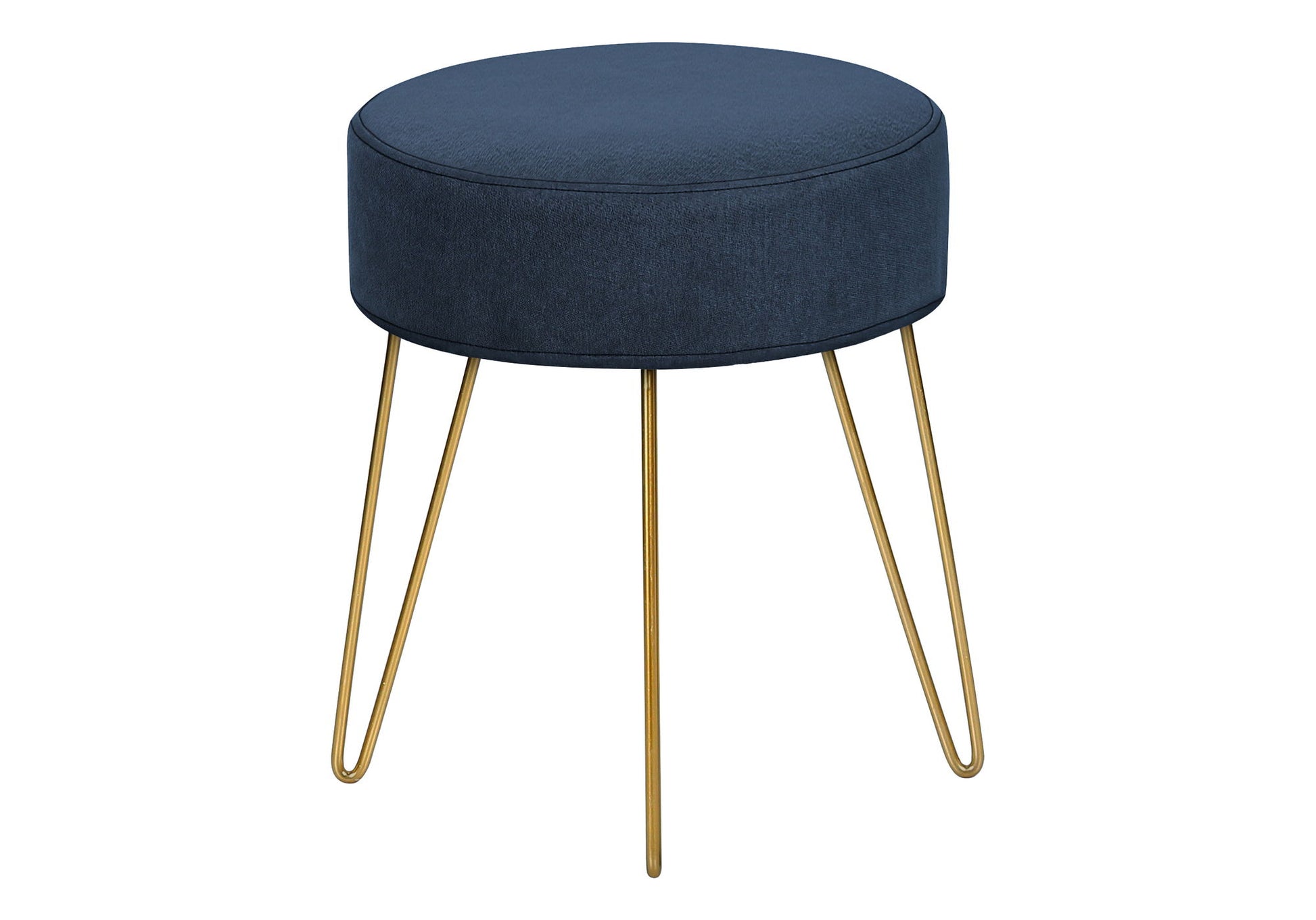 A contemporary round ottoman featuring dark blue upholstery, a cushioned top, and four slender gold metal legs, ideal as a pouf, footrest, or foot stool.