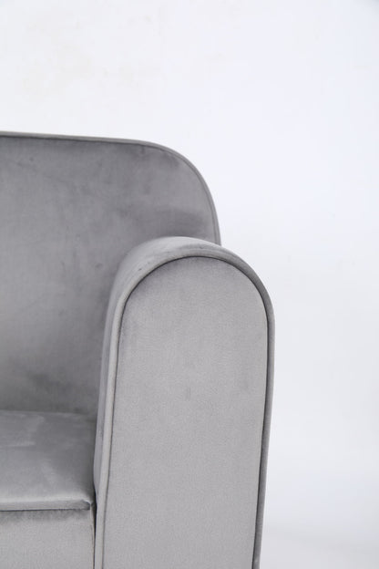 Close-up of the arm and backrest of the Durable Design Kids Club Sofa, featuring modern light gray upholstery, shown against a plain white background.
