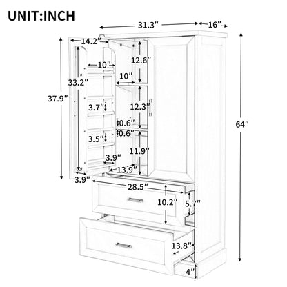 Tall Bathroom Storage Cabinet With 2 Doors And Drawers, Adjustable Shelf