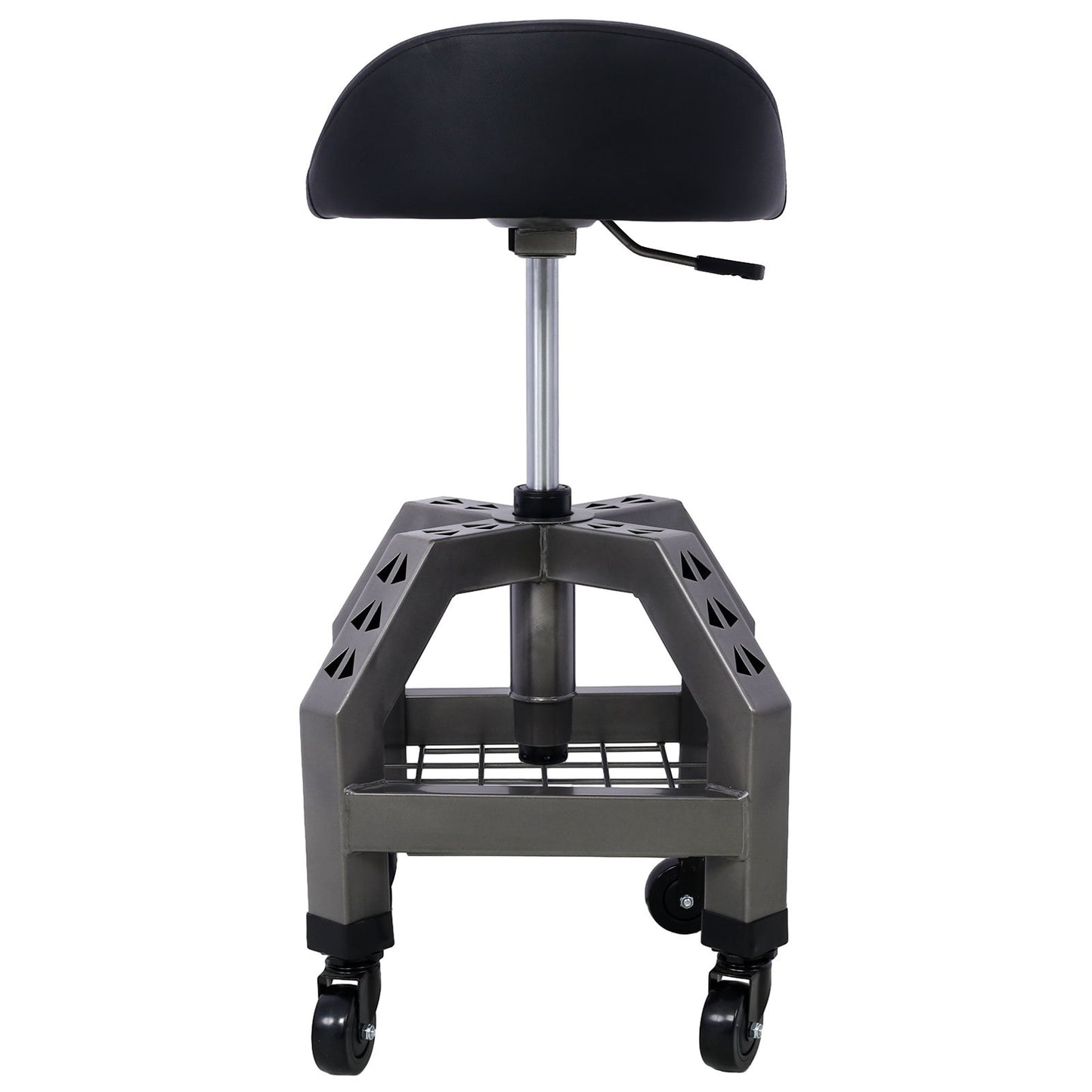 The Pneumatic 360 Degree Swivel Stool is a heavy-duty mechanics rolling creeper seat with a black curved seat, adjustable metal pole, sturdy gray base with triangular cutouts, wire shelf beneath, and four swivel caster wheels.