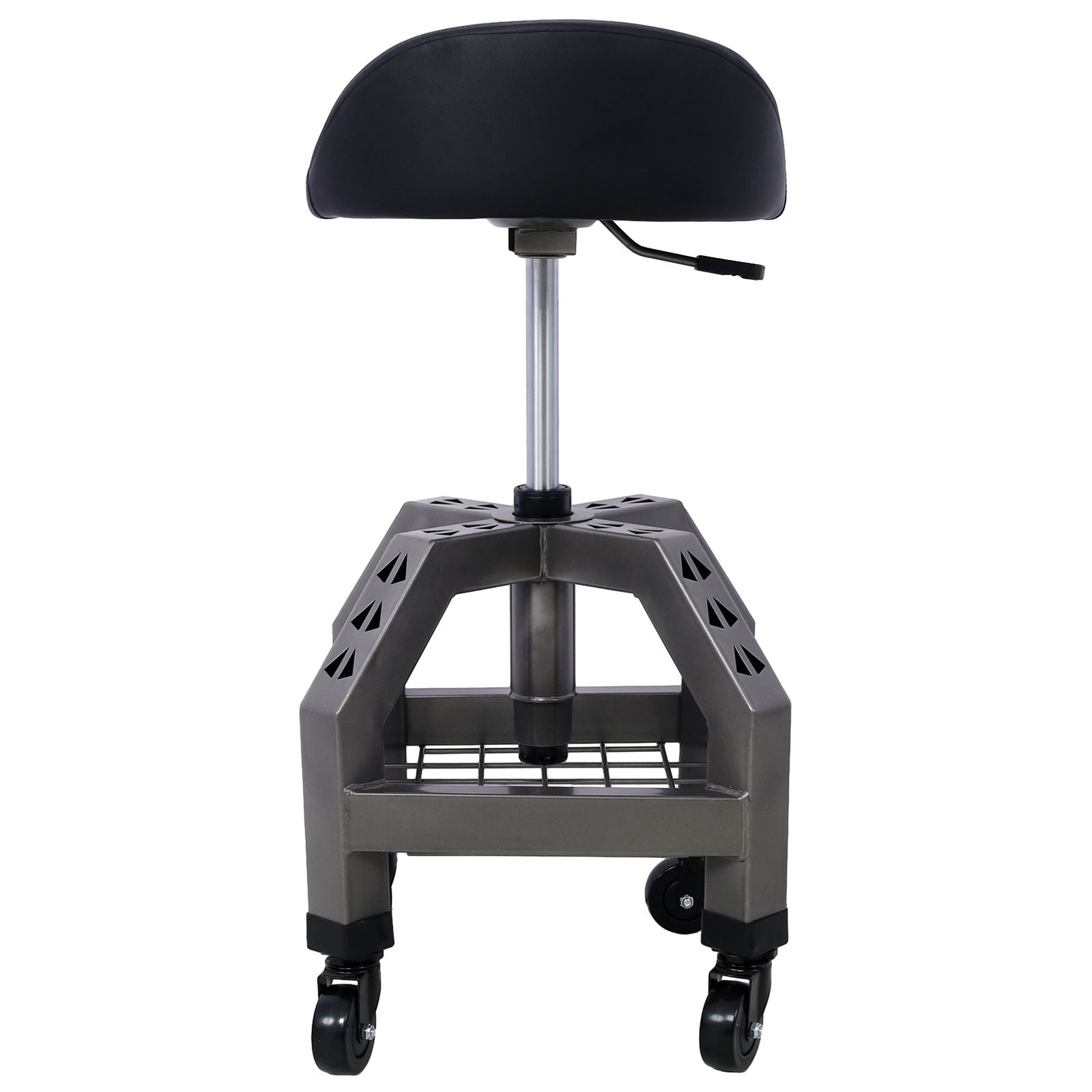 The Pneumatic 360 Degree Swivel Stool is a heavy-duty mechanics rolling creeper seat with a black curved seat, adjustable metal pole, sturdy gray base with triangular cutouts, wire shelf beneath, and four swivel caster wheels.