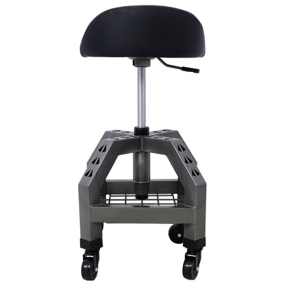 The Pneumatic 360 Degree Swivel Stool is a heavy-duty mechanics rolling creeper seat with a black curved seat, adjustable metal pole, sturdy gray base with triangular cutouts, wire shelf beneath, and four swivel caster wheels.