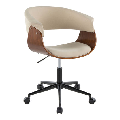 The Vintage Mod - Mid Century Modern Office Chair features a curved wooden backrest, beige upholstery, black metal base with five casters, an open lower back design, and an adjustable height lever.