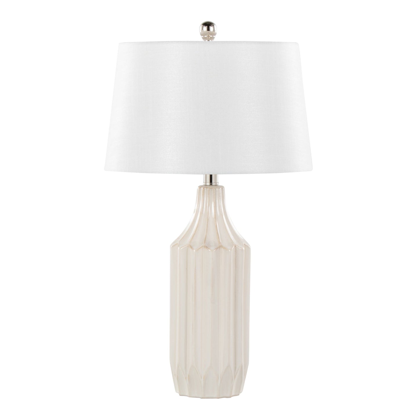 The Stella - Contemporary Table Lamp features a white, textured ceramic base with vertical grooves and a white fabric shade, finished with a small metallic finial.