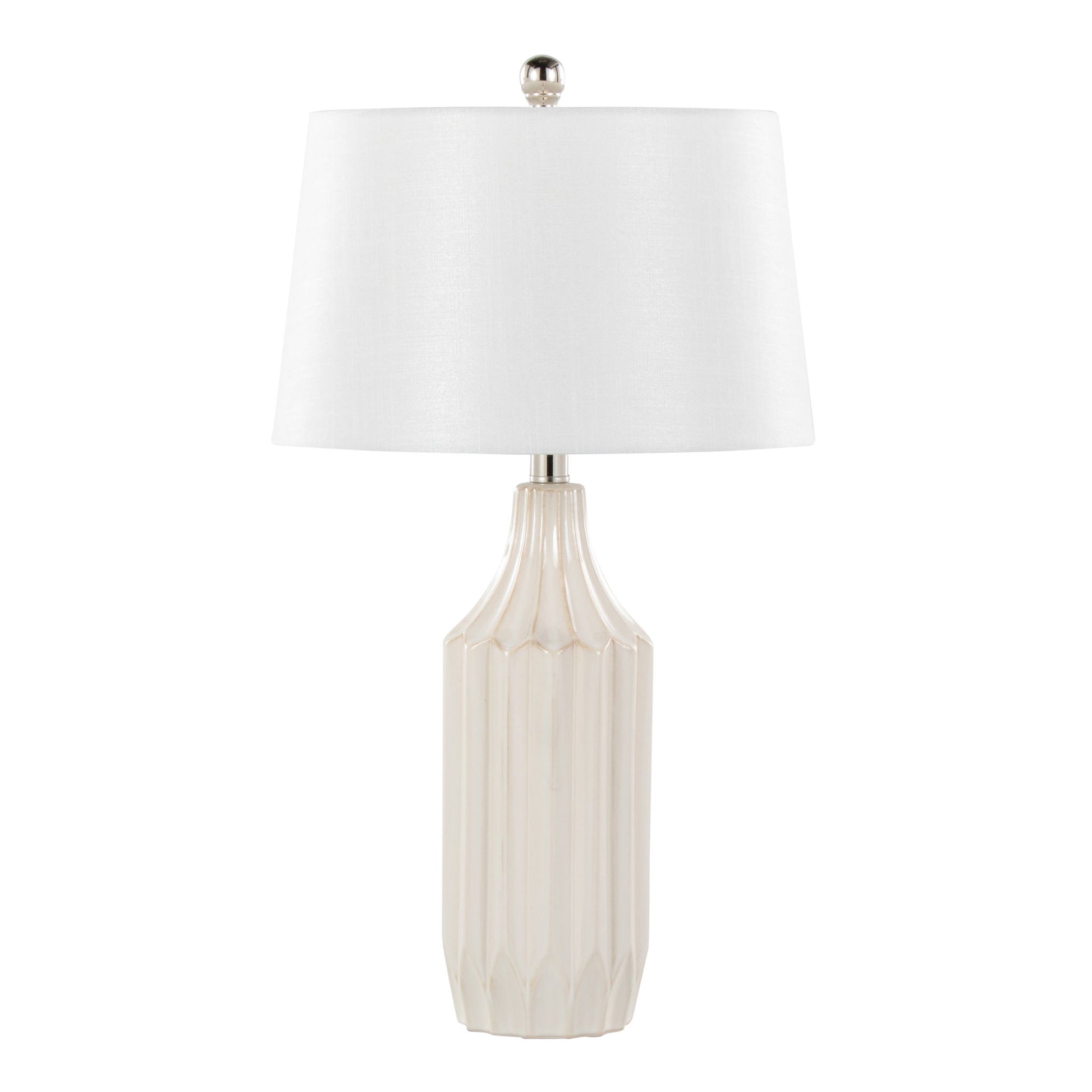 The Stella - Contemporary Table Lamp features a white, textured ceramic base with vertical grooves and a white fabric shade, finished with a small metallic finial.