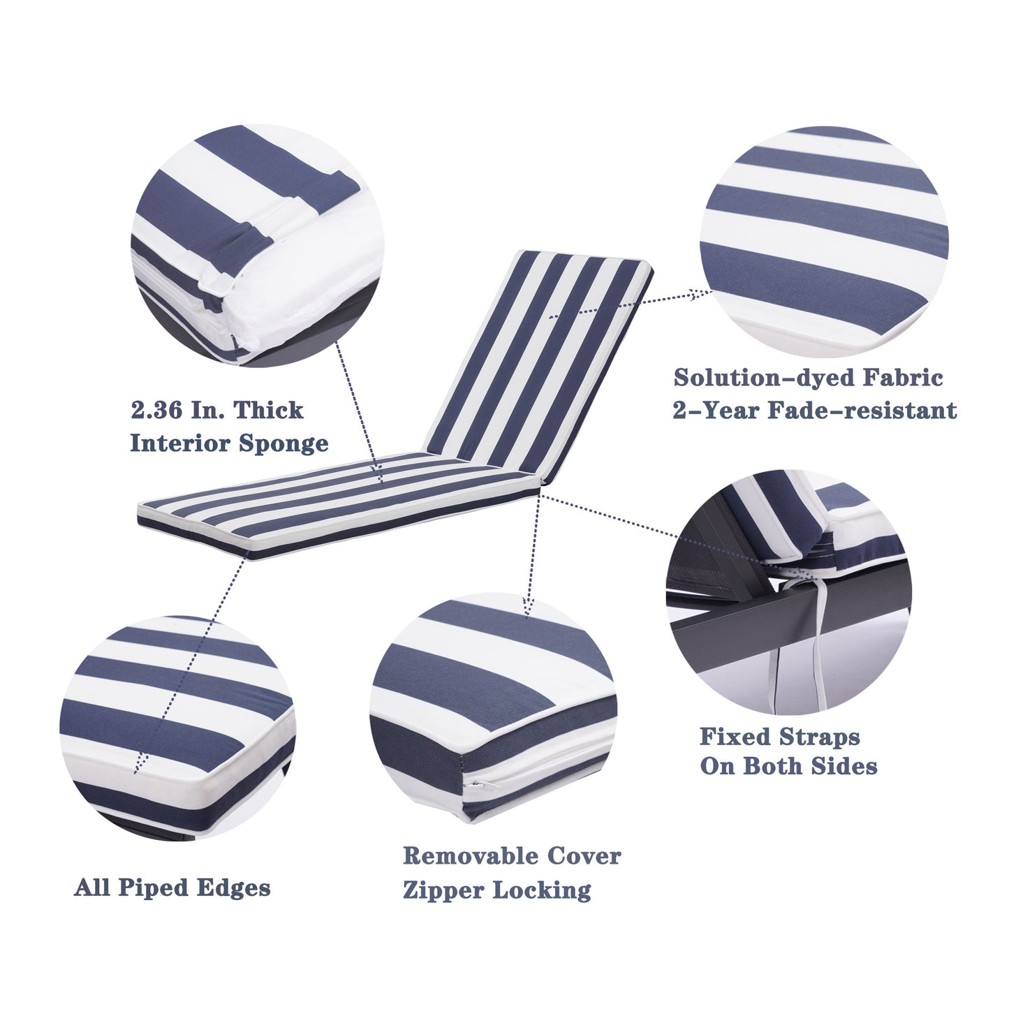 The Outdoor Lounge Chair Cushion Replacement Patio Furniture Seat Cushion Chaise Lounge Cushion in navy and white stripes features a thick 2.36-inch interior sponge, solution-dyed fabric, fixed straps, piped edges, and a removable zippered cover.