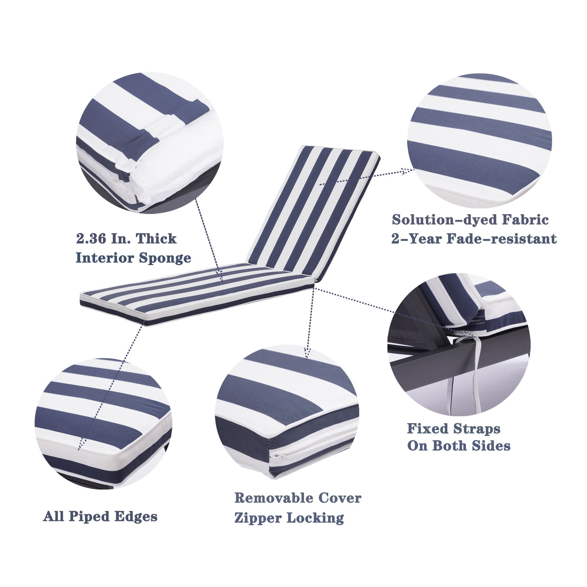 The Outdoor Lounge Chair Cushion Replacement Patio Furniture Seat Cushion Chaise Lounge Cushion in navy and white stripes features a thick 2.36-inch interior sponge, solution-dyed fabric, fixed straps, piped edges, and a removable zippered cover.
