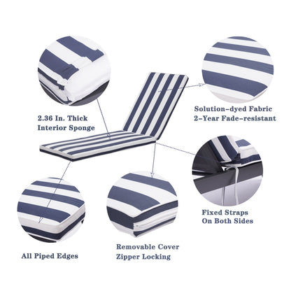 The Outdoor Lounge Chair Cushion Replacement Patio Furniture Seat Cushion Chaise Lounge Cushion in navy and white stripes features a thick 2.36-inch interior sponge, solution-dyed fabric, fixed straps, piped edges, and a removable zippered cover.