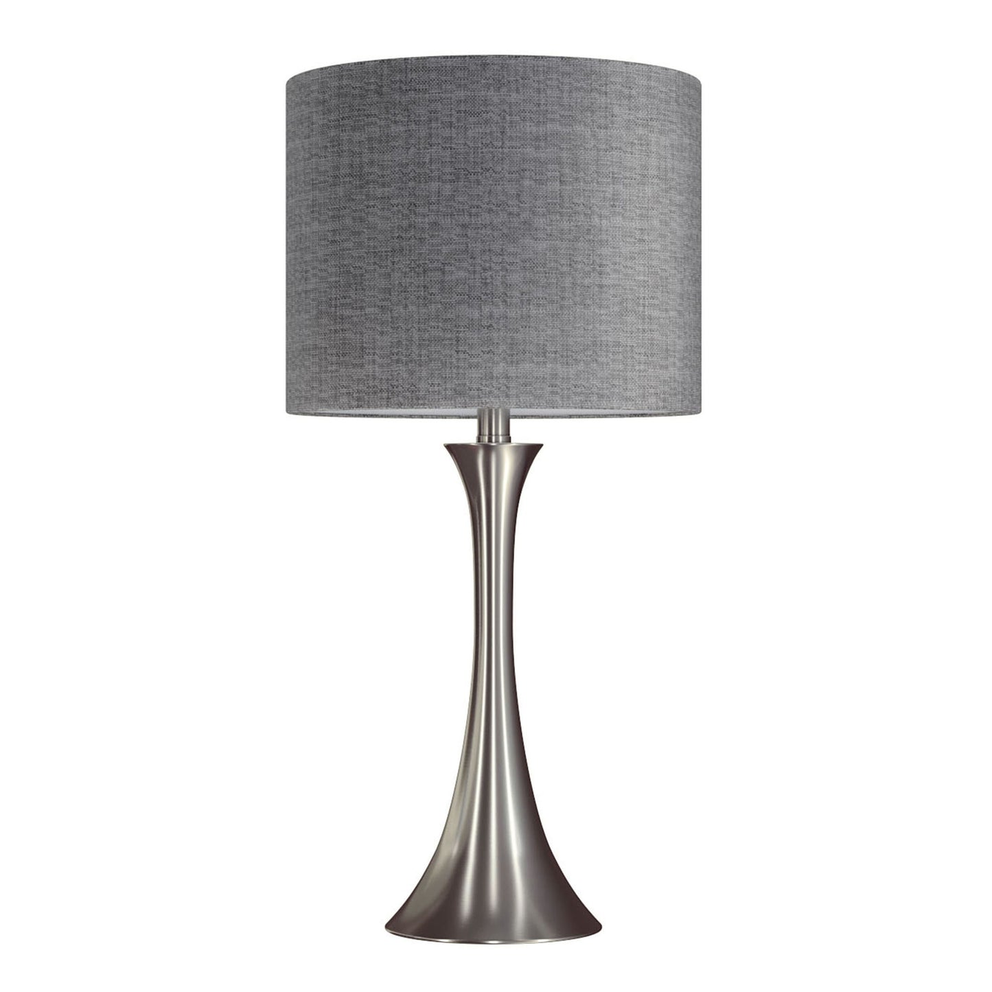 The Lenuxe Contemporary Semi Gloss Table Lamp (Set of 2) features a sleek metallic silver base that narrows in the middle, flares at the bottom, and is topped with a cylindrical gray fabric shade for a modern look.