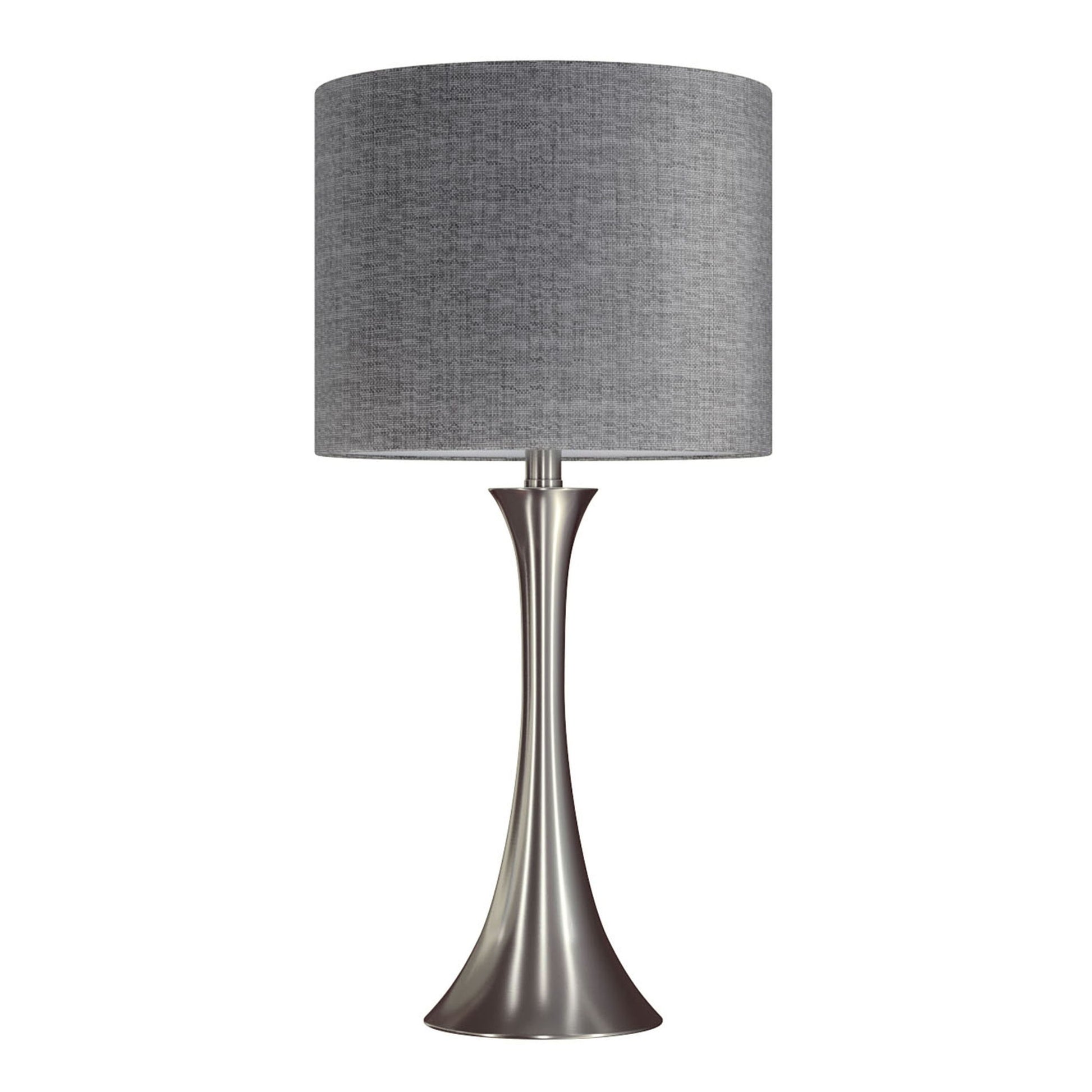 The Lenuxe Contemporary Semi Gloss Table Lamp (Set of 2) features a sleek metallic silver base that narrows in the middle, flares at the bottom, and is topped with a cylindrical gray fabric shade for a modern look.