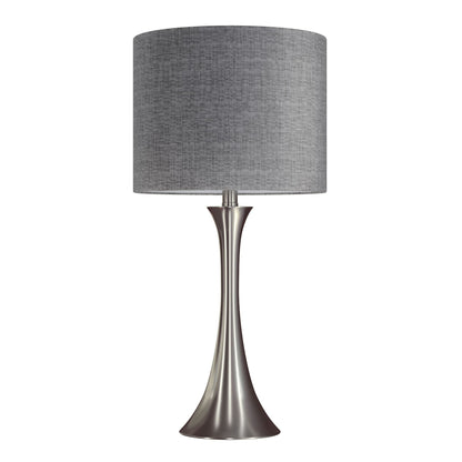 The Lenuxe Contemporary Semi Gloss Table Lamp (Set of 2) features a sleek metallic silver base that narrows in the middle, flares at the bottom, and is topped with a cylindrical gray fabric shade for a modern look.