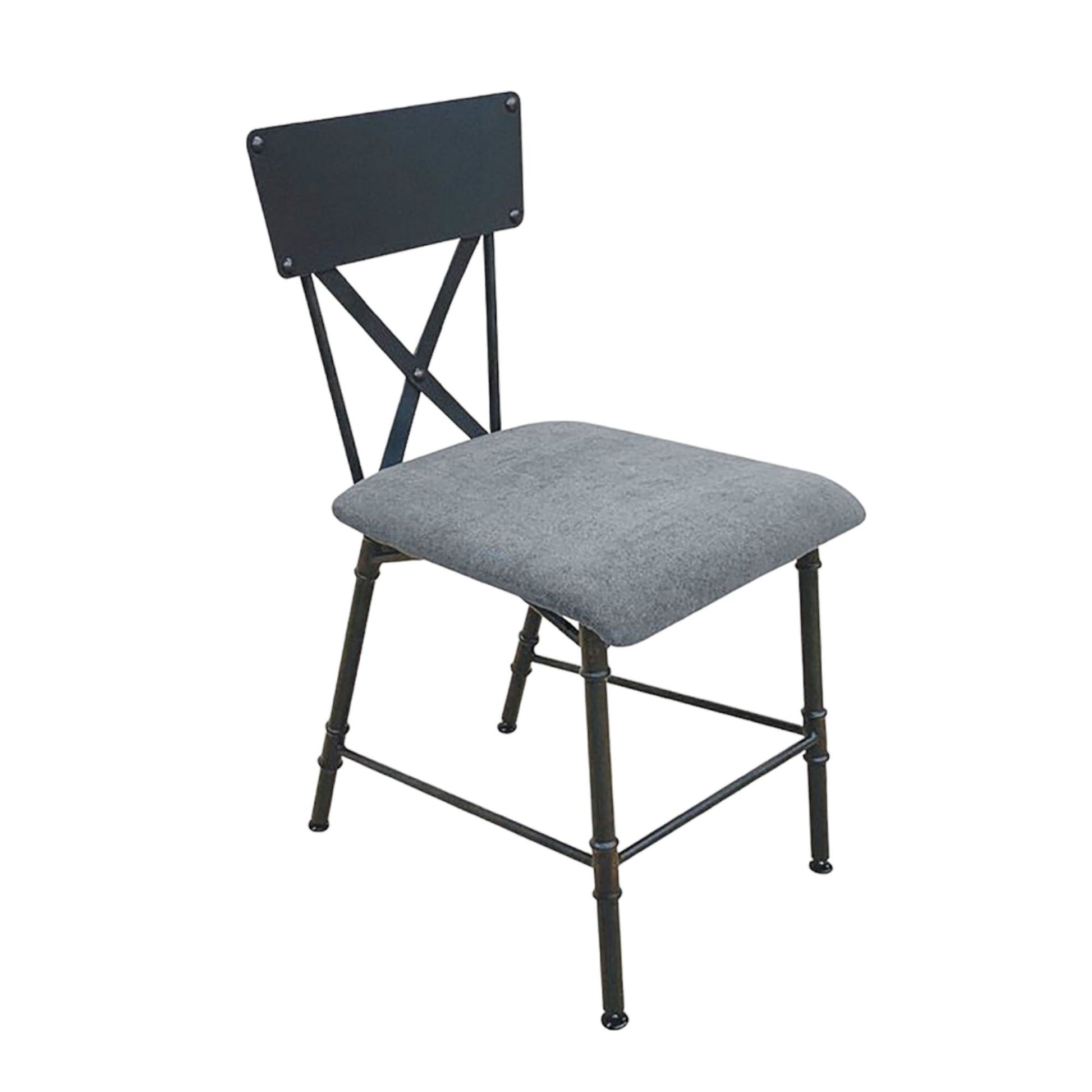 The Brantley Office Chair in Antique Oak and Sandy Gray features a black X-backrest, cushioned gray fabric seat, and simple crossbar-supported legs, shown on a white background.