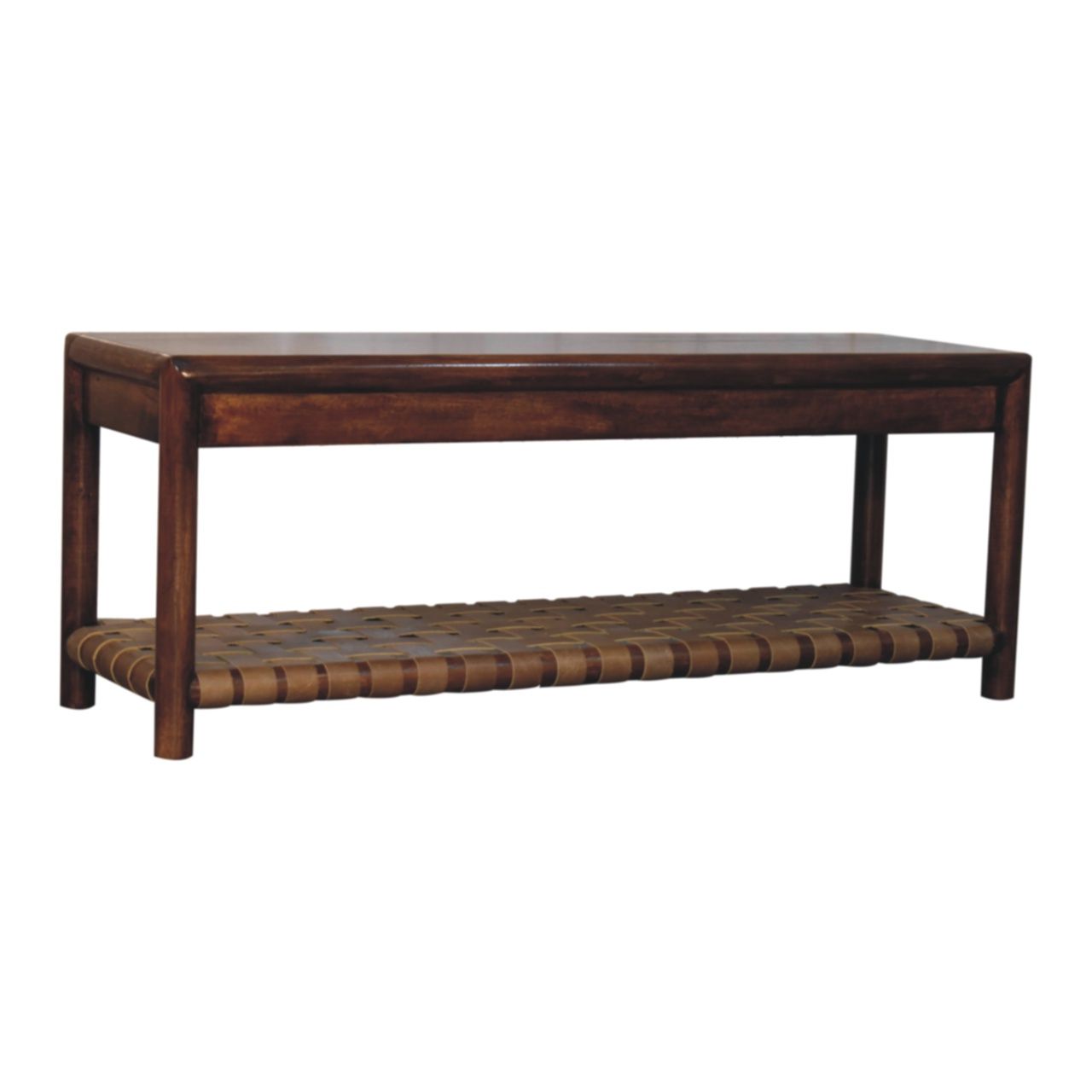 The Regency Woven Bench in brown features a rectangular wooden design with a smooth top and minimalist style, plus a lower shelf crafted from woven leather.