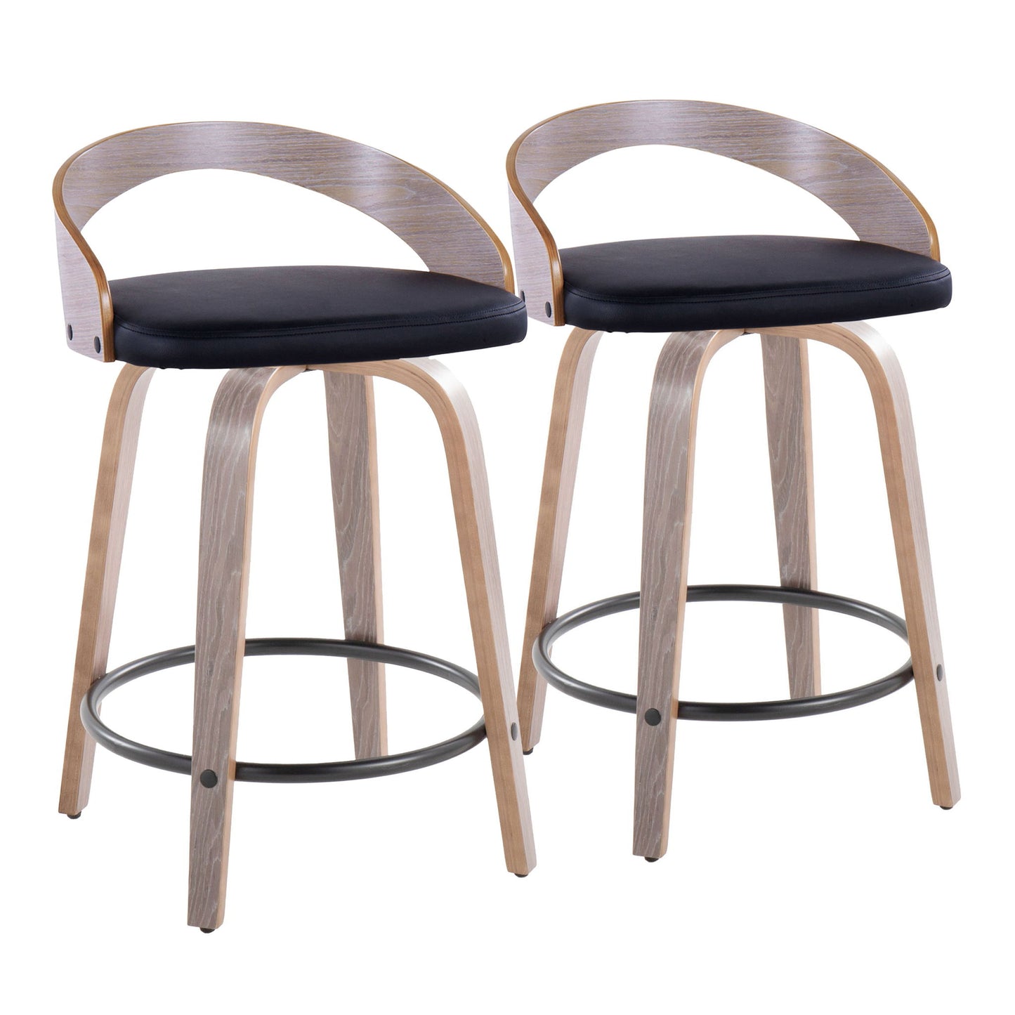 The Grotto Contemporary Fixed Height Counter Stool & Swivel (Set of 2) features curved wooden frames, black cushioned seats, rounded backrests, and round metal footrests, shown against a plain white background.