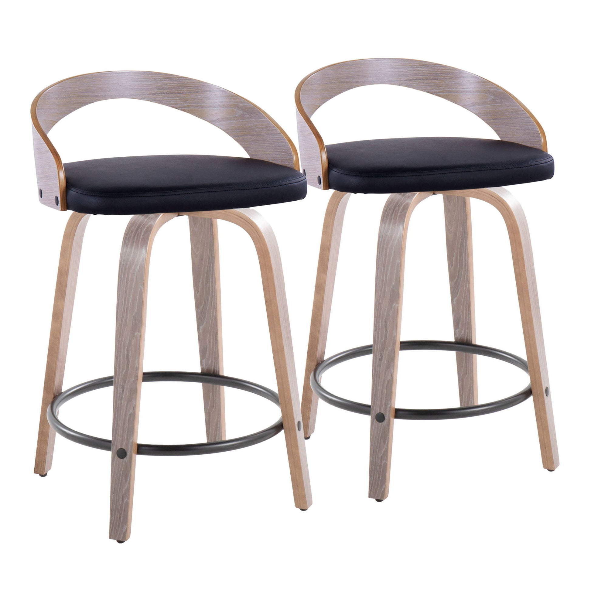 The Grotto Contemporary Fixed Height Counter Stool & Swivel (Set of 2) features curved wooden frames, black cushioned seats, rounded backrests, and round metal footrests, shown against a plain white background.