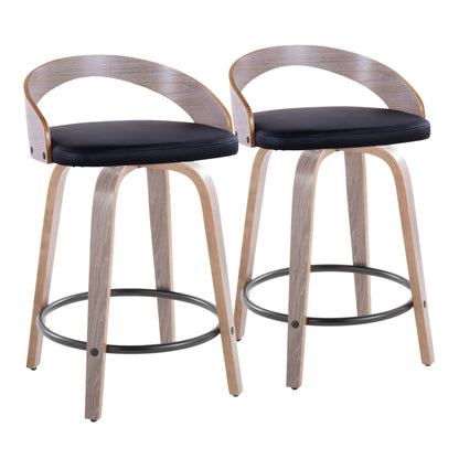 The Grotto Contemporary Fixed Height Counter Stool & Swivel (Set of 2) features curved wooden frames, black cushioned seats, rounded backrests, and round metal footrests, shown against a plain white background.