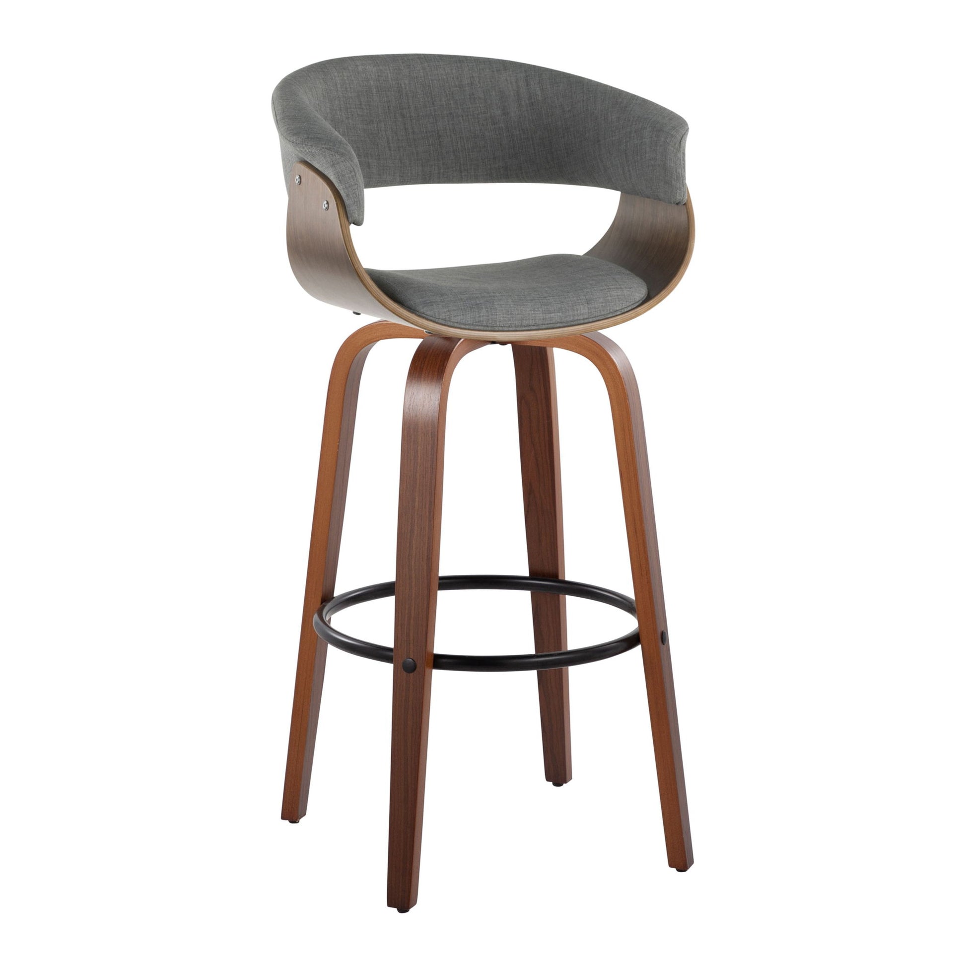 The Vintage Mod Mid Century Modern Fixed Height Barstool (Set of 2) features a curved wooden frame, gray upholstered seat and backrest, angled wooden legs, swivel function, and a round black metal footrest.