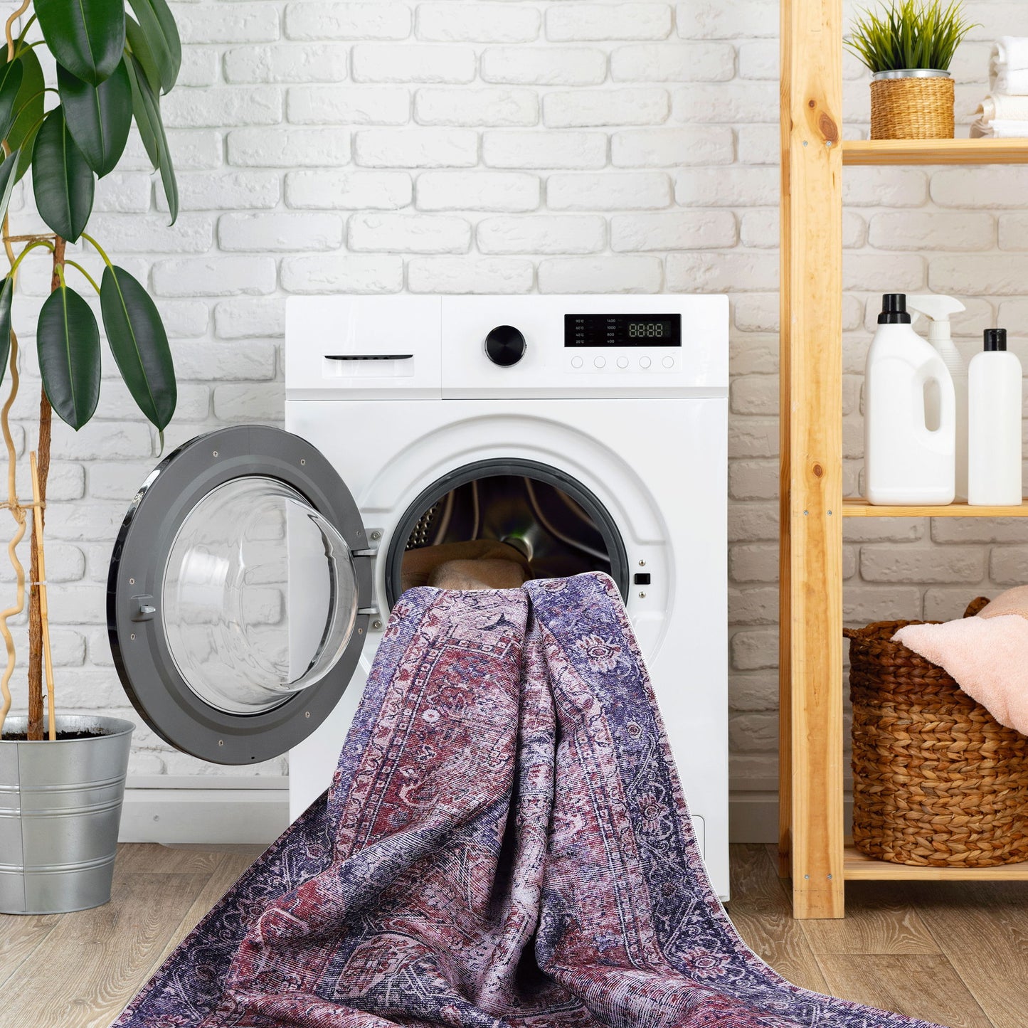 A Maval - Unique Washable Area Rug is partly inside an open washing machine, set by a white brick wall with a plant and wooden shelves holding laundry supplies and towels.