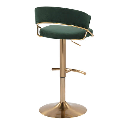 The Jie Contemporary Adjustable Barstool Set of 2 features green velvet upholstery, a curved backrest, gold metal accents, a round base, and a rounded T footrest; shown against a white background.