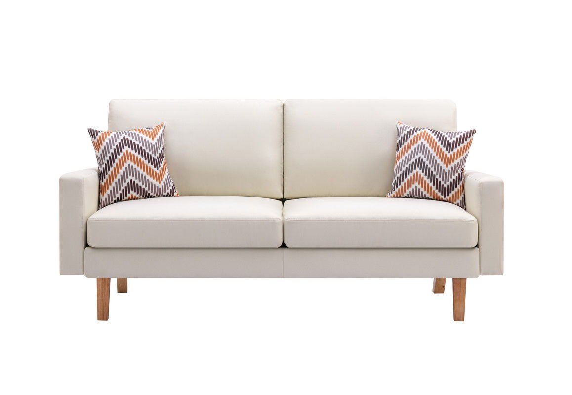 The Bahamas Minimalistic Sofa in modern white, with wooden legs, includes two patterned throw pillows in orange, brown, and gray on each end. Set against a white background.
