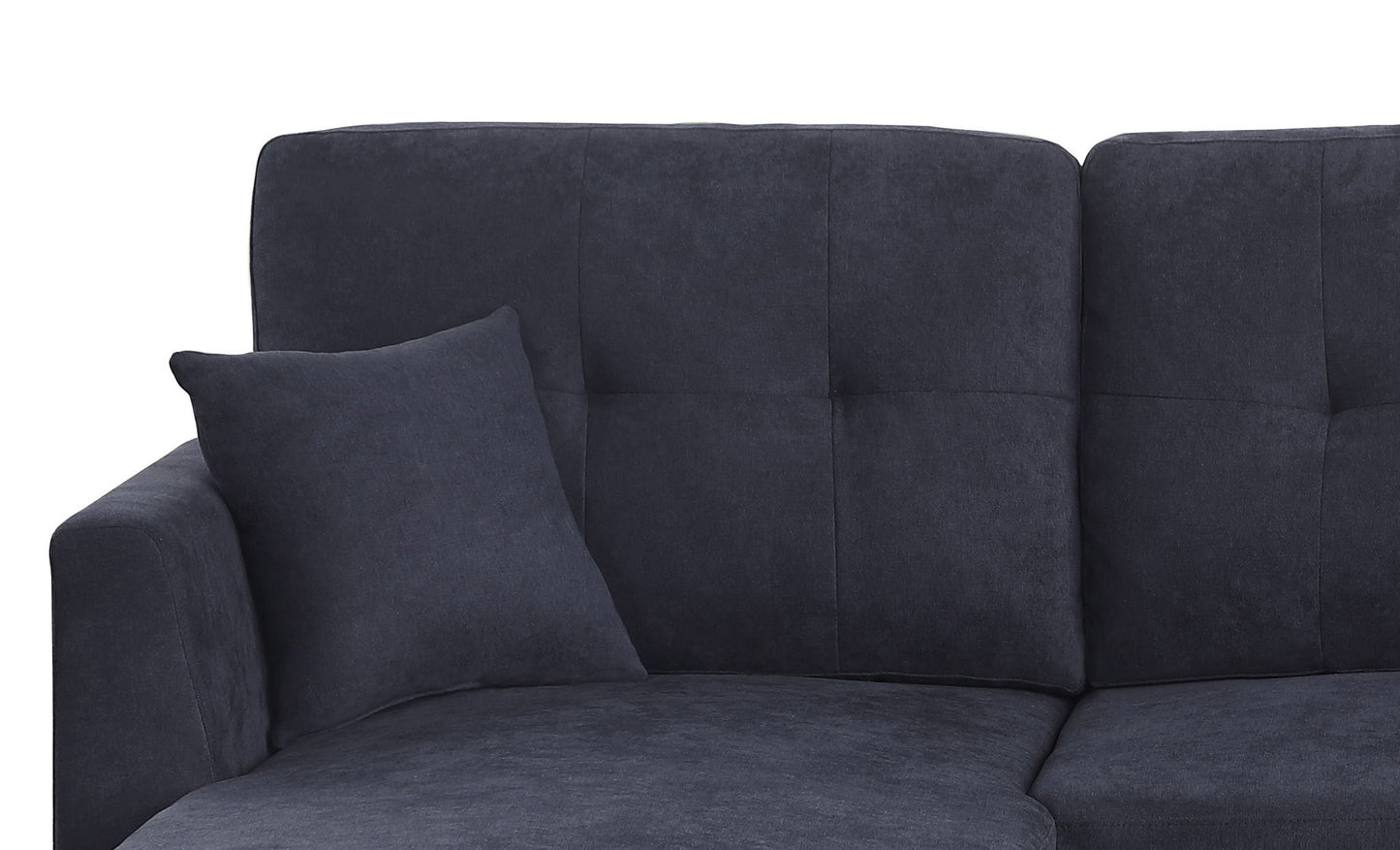 The Sectional Sofa Bed - Dark Blue features dark blue upholstery with a matching cushion placed against the backrest and armrest, displayed on a white background.