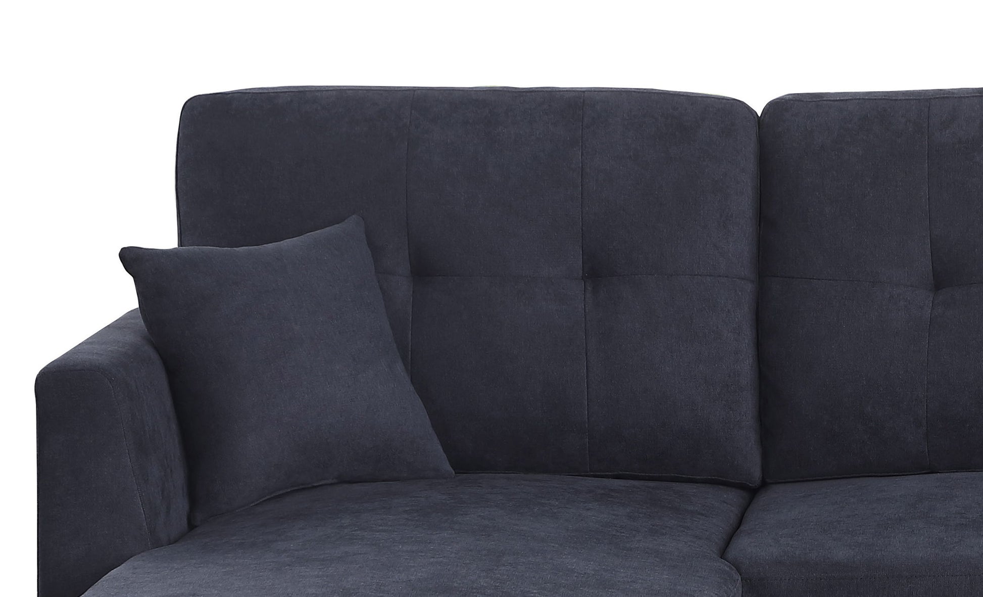 The Sectional Sofa Bed - Dark Blue features dark blue upholstery with a matching cushion placed against the backrest and armrest, displayed on a white background.