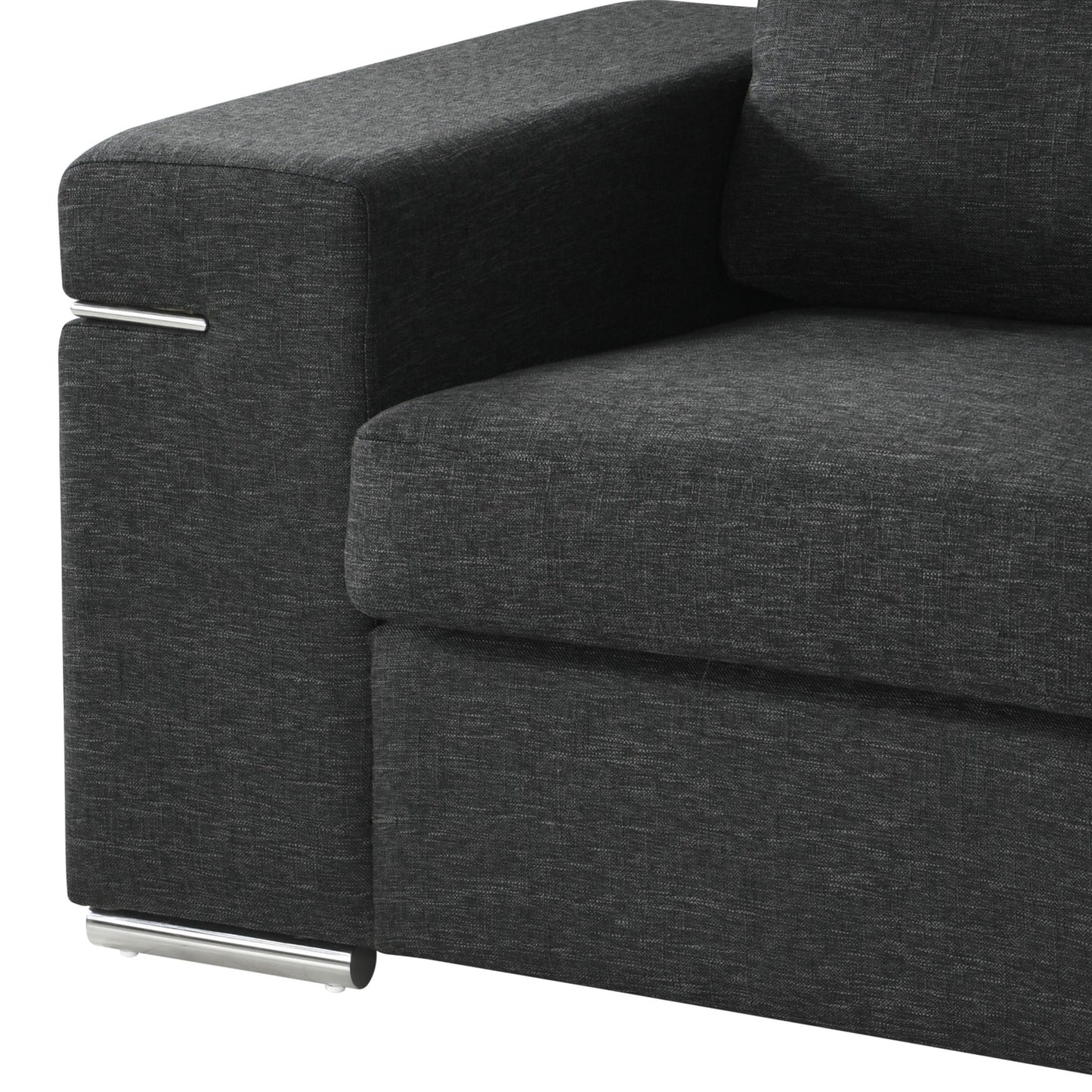 Close-up of the armrest and seat cushion of the Gianna - Fabric Arm Chair, featuring dark gray fabric and metal accents on the arm and base.