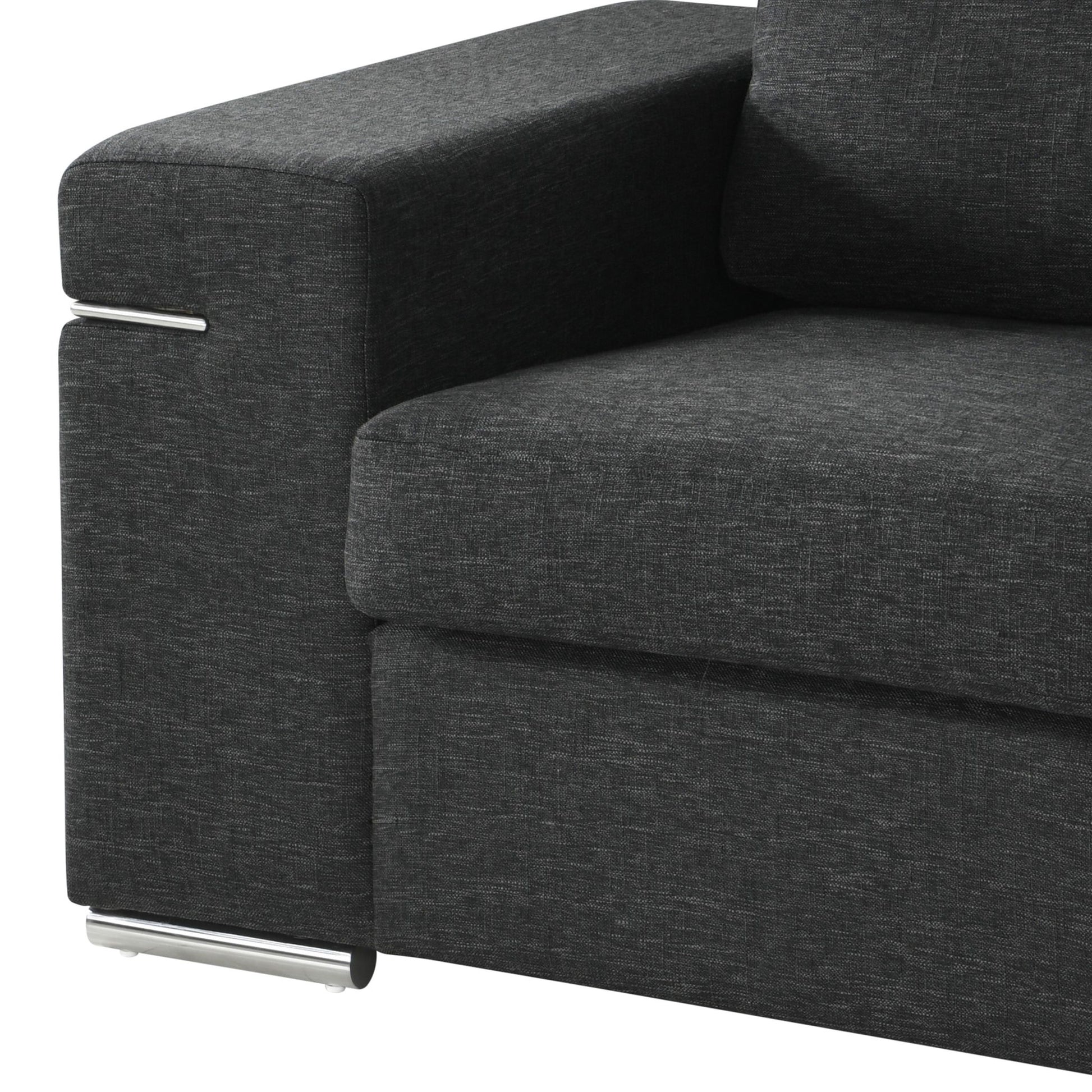 Close-up of the armrest and seat cushion of the Gianna - Fabric Arm Chair, featuring dark gray fabric and metal accents on the arm and base.