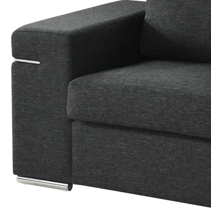 Close-up of the armrest and seat cushion of the Gianna - Fabric Arm Chair, featuring dark gray fabric and metal accents on the arm and base.