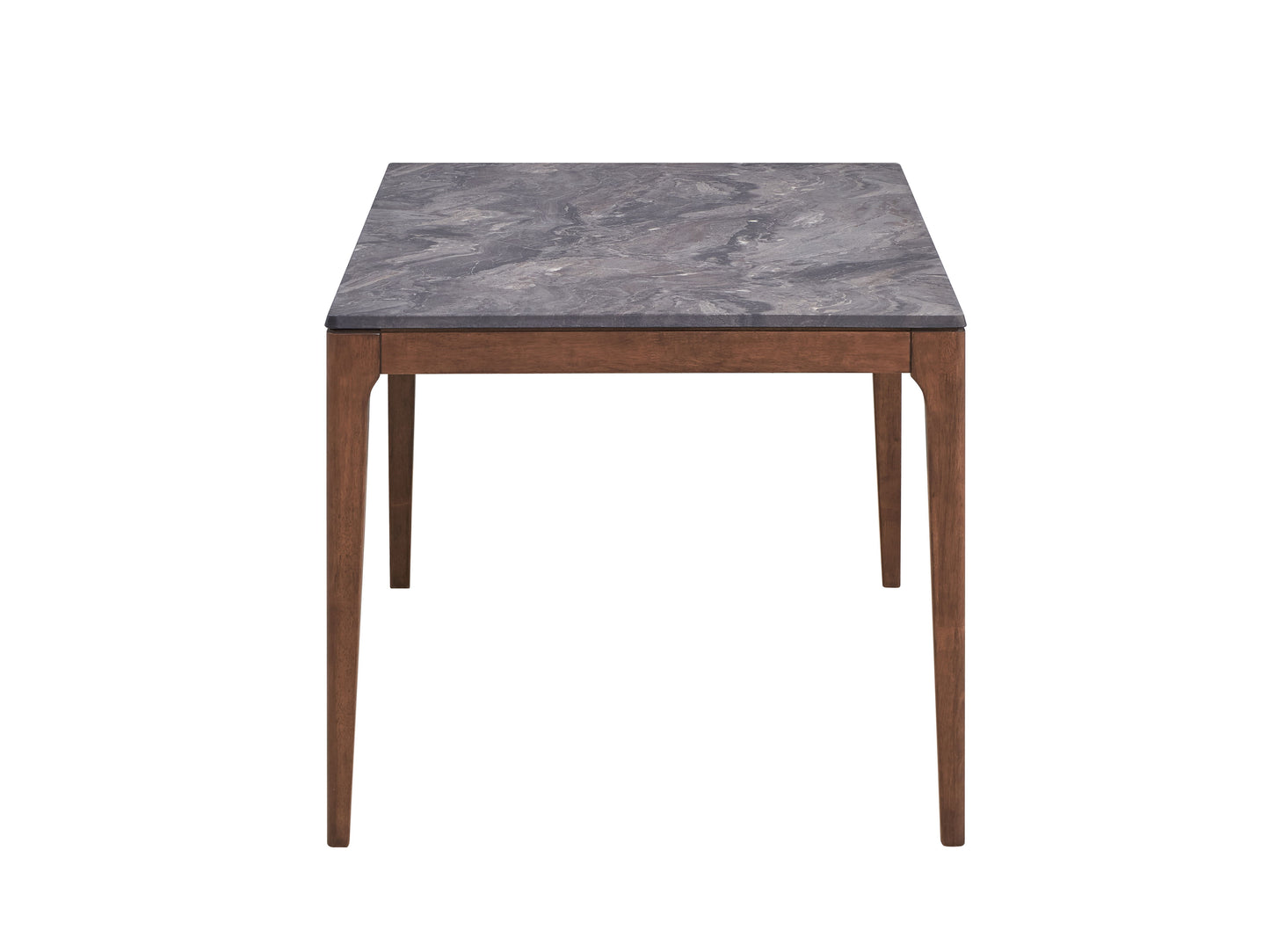 The Bevis - Engineered Stone Top Dining Table boasts a black marble-like surface and minimalist walnut legs, offering a modern and elegant design.