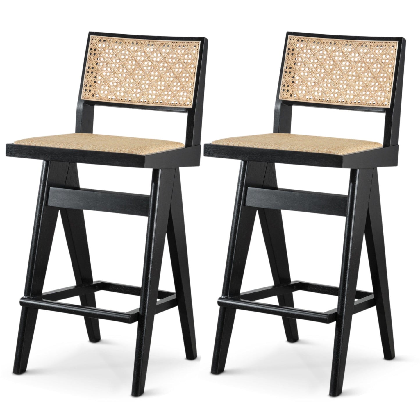 The Keira Bar Stool (Set of 2) in Black/Rattan features beige woven rattan backs and seats, black wooden frames with footrests and angled legs, blending modern style and natural materials for a contemporary look.