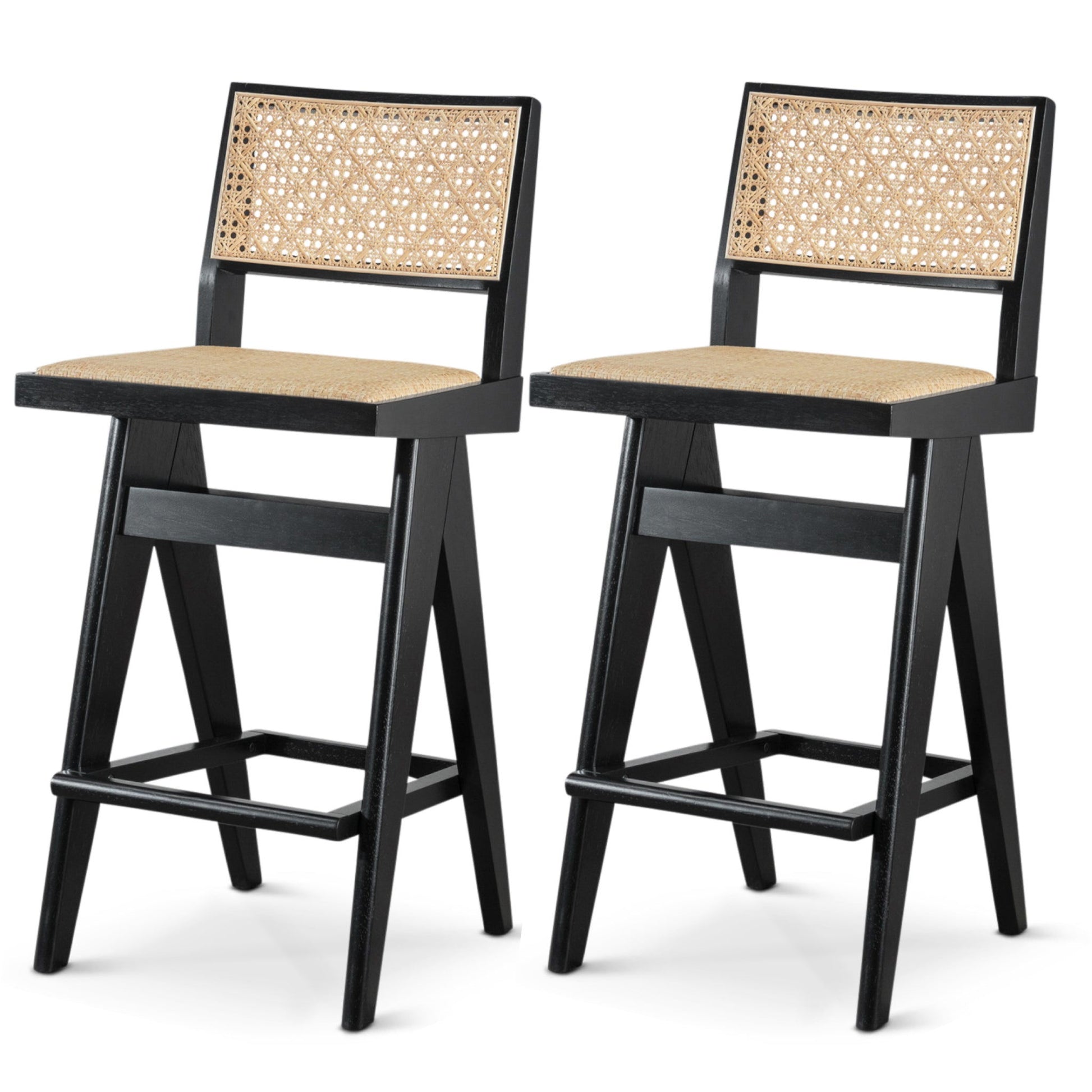 The Keira Bar Stool (Set of 2) in Black/Rattan features beige woven rattan backs and seats, black wooden frames with footrests and angled legs, blending modern style and natural materials for a contemporary look.