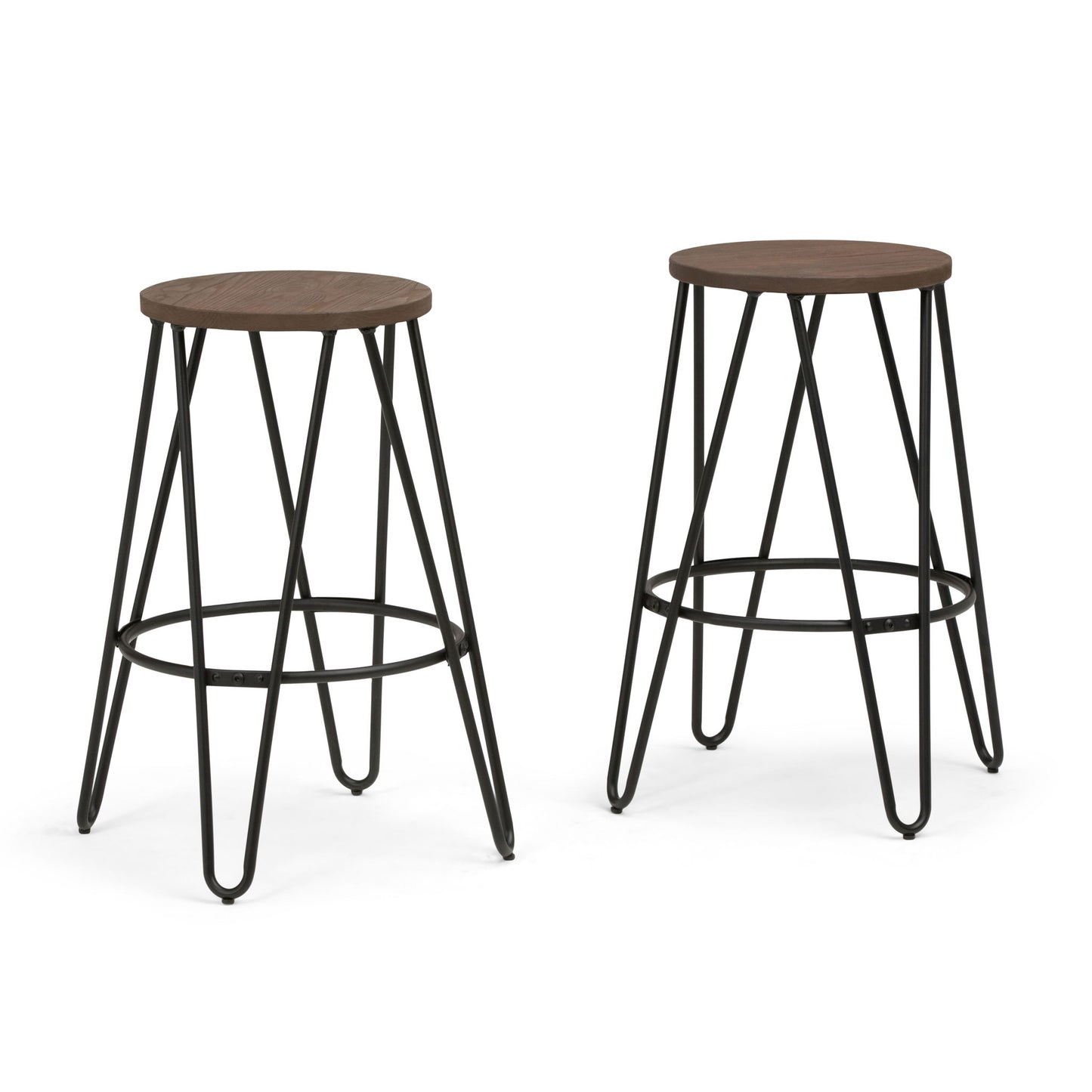 The Simeon Multifunctional Metal Stools feature round wood seats and black metal hairpin legs joined by circular footrests, displayed against a white background.