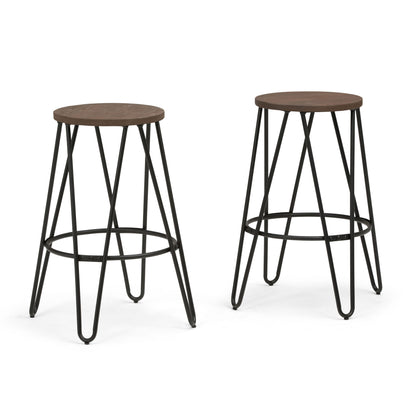 The Simeon Multifunctional Metal Stools feature round wood seats and black metal hairpin legs joined by circular footrests, displayed against a white background.