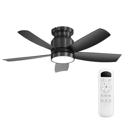 Flush Mount Ceiling Fan With LED Light 22W And Remote Control Blades For Indoor Use - Black