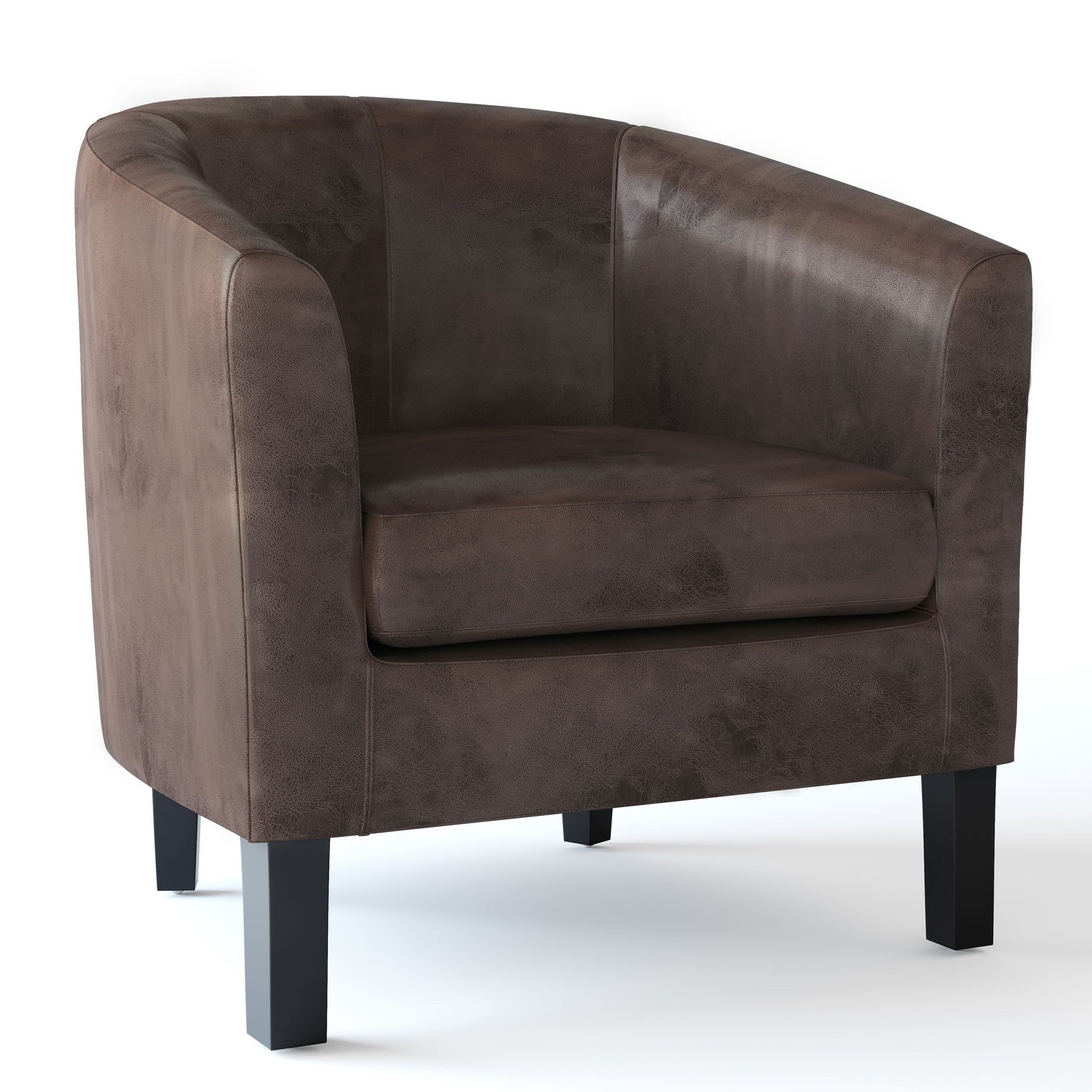 The Austin Handcrafted Tub Chair is a brown leather armchair with a curved backrest, armrests, cushioned seat, and dark wooden legs, shown against a white background.